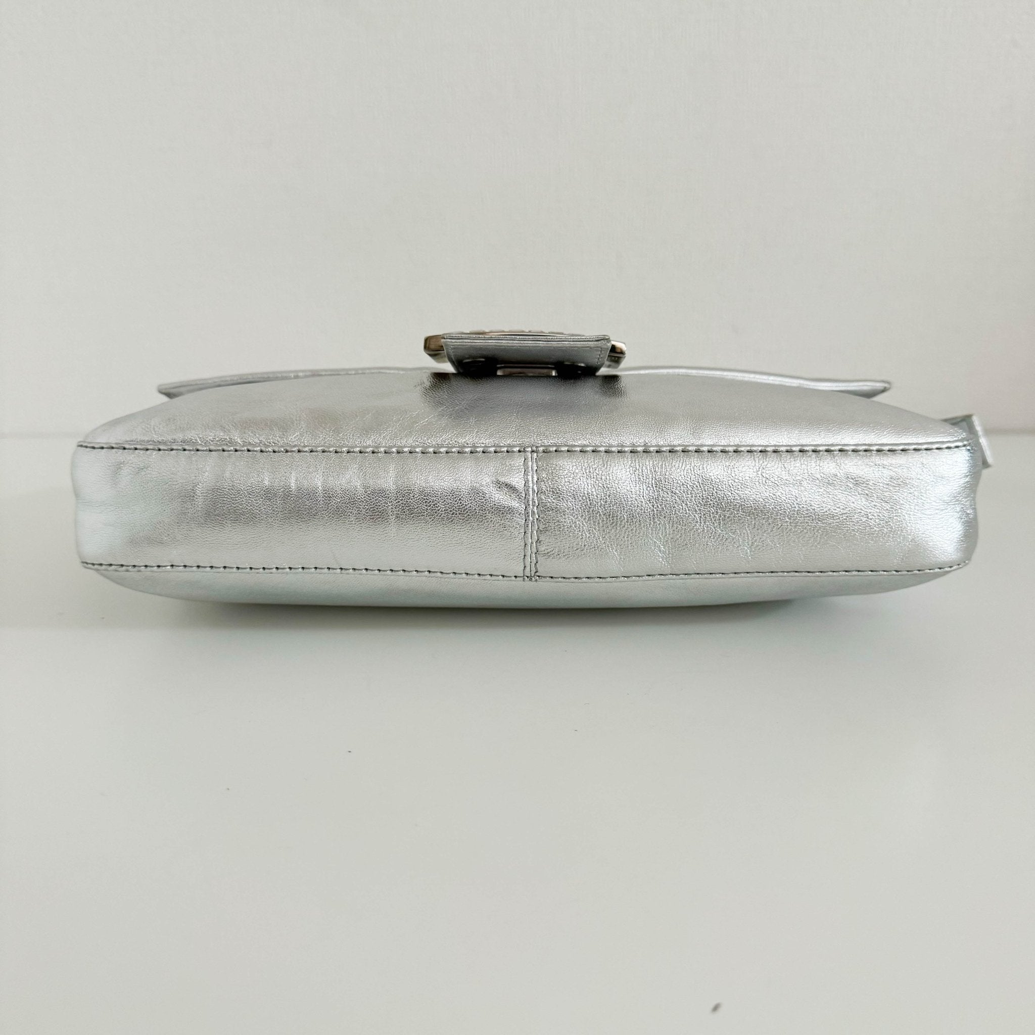 FENDI Baguette Metallic Silver Leather Rhinestone Hardware Shoulder Bag, in , Sold by HIVE PRELOVED - Shoulder Bags, ,