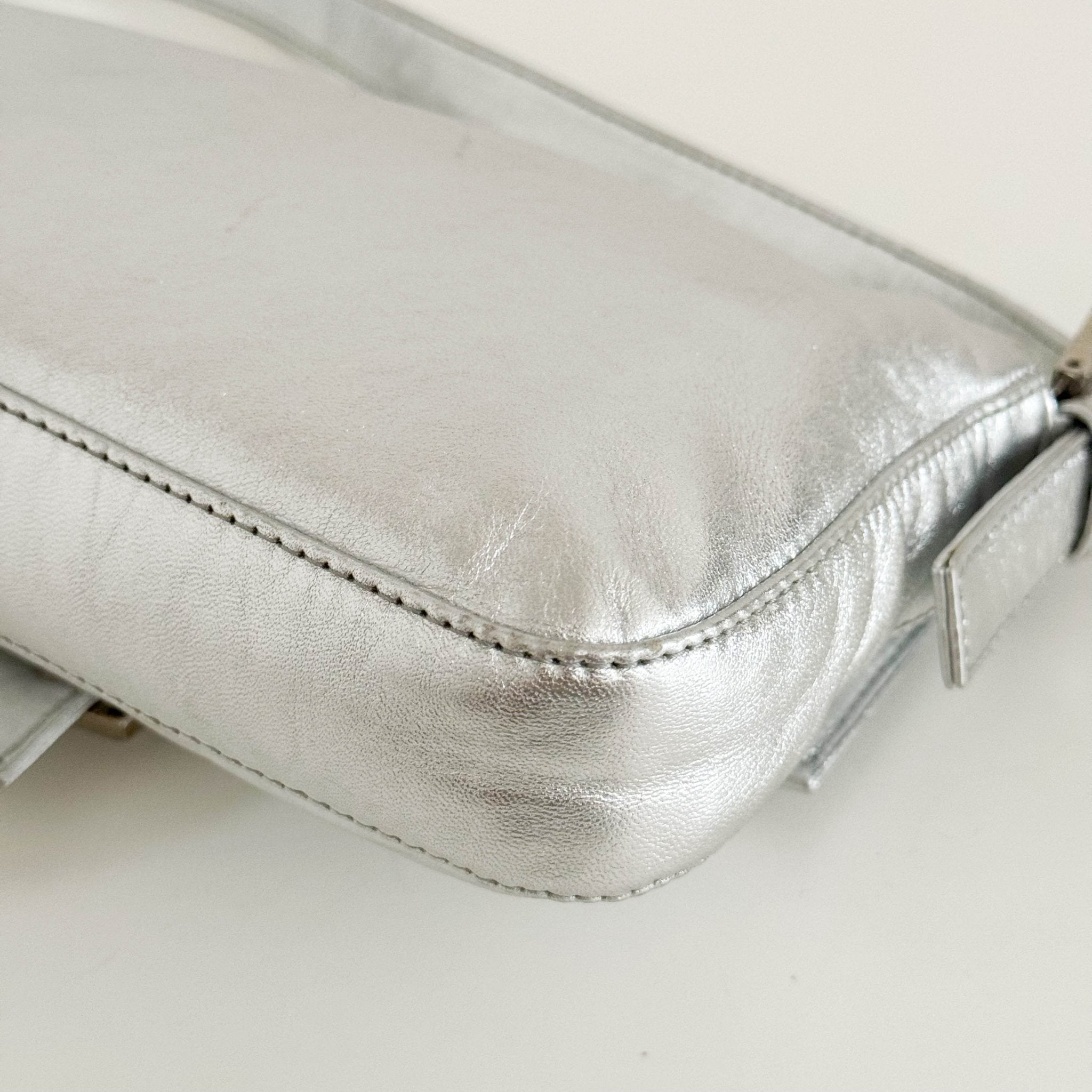 FENDI Baguette Metallic Silver Leather Rhinestone Hardware Shoulder Bag, in , Sold by HIVE PRELOVED - Shoulder Bags, ,