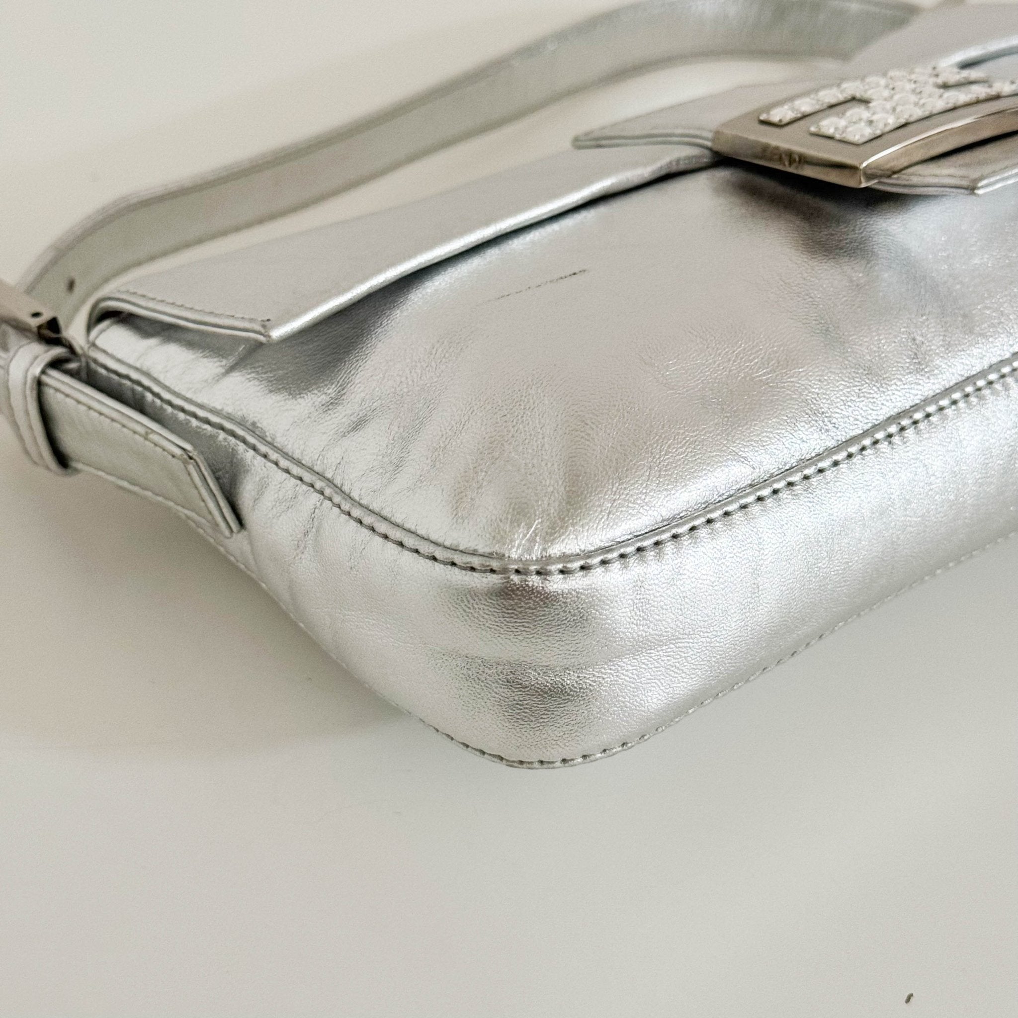 FENDI Baguette Metallic Silver Leather Rhinestone Hardware Shoulder Bag, in , Sold by HIVE PRELOVED - Shoulder Bags, ,