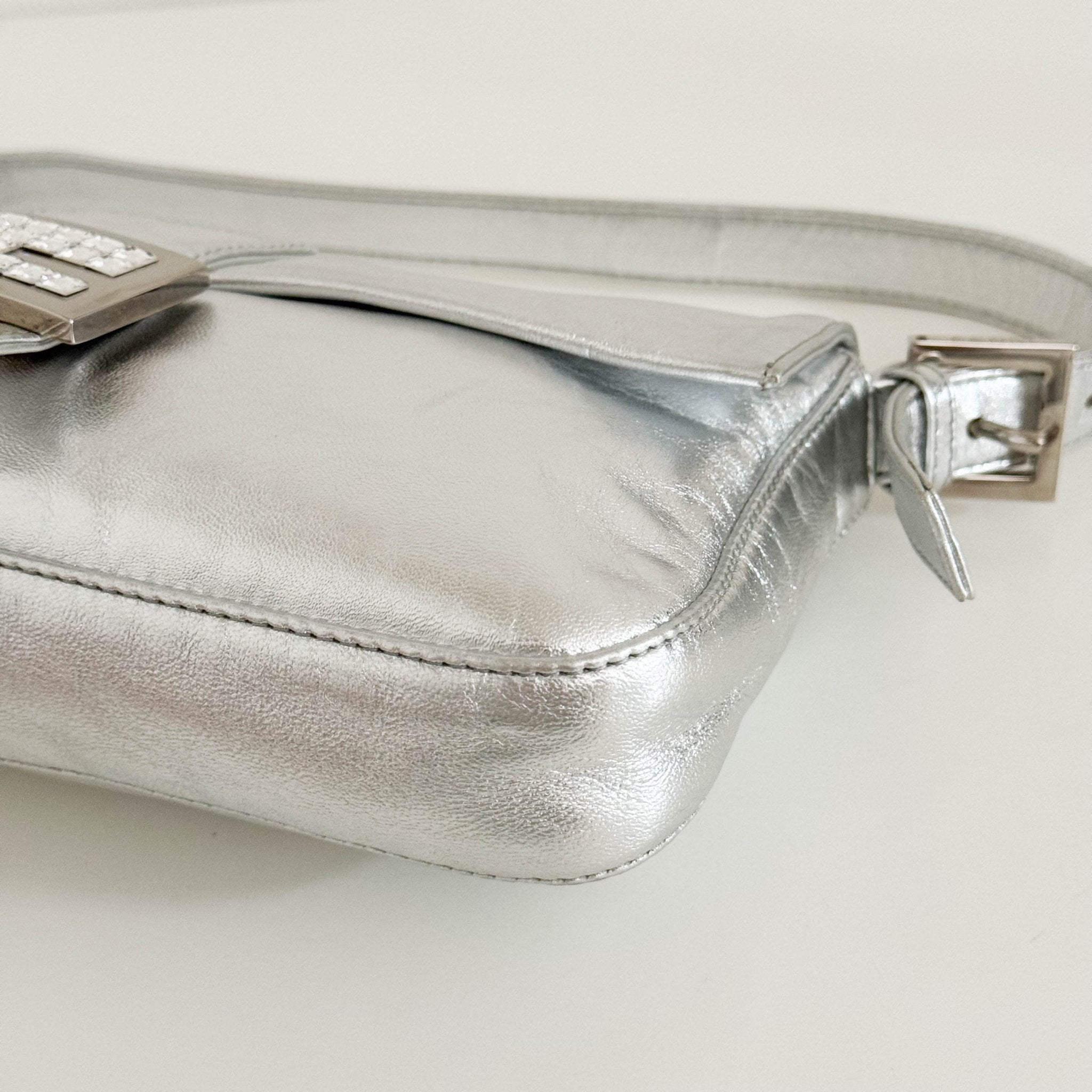 FENDI Baguette Metallic Silver Leather Rhinestone Hardware Shoulder Bag, in , Sold by HIVE PRELOVED - Shoulder Bags, ,