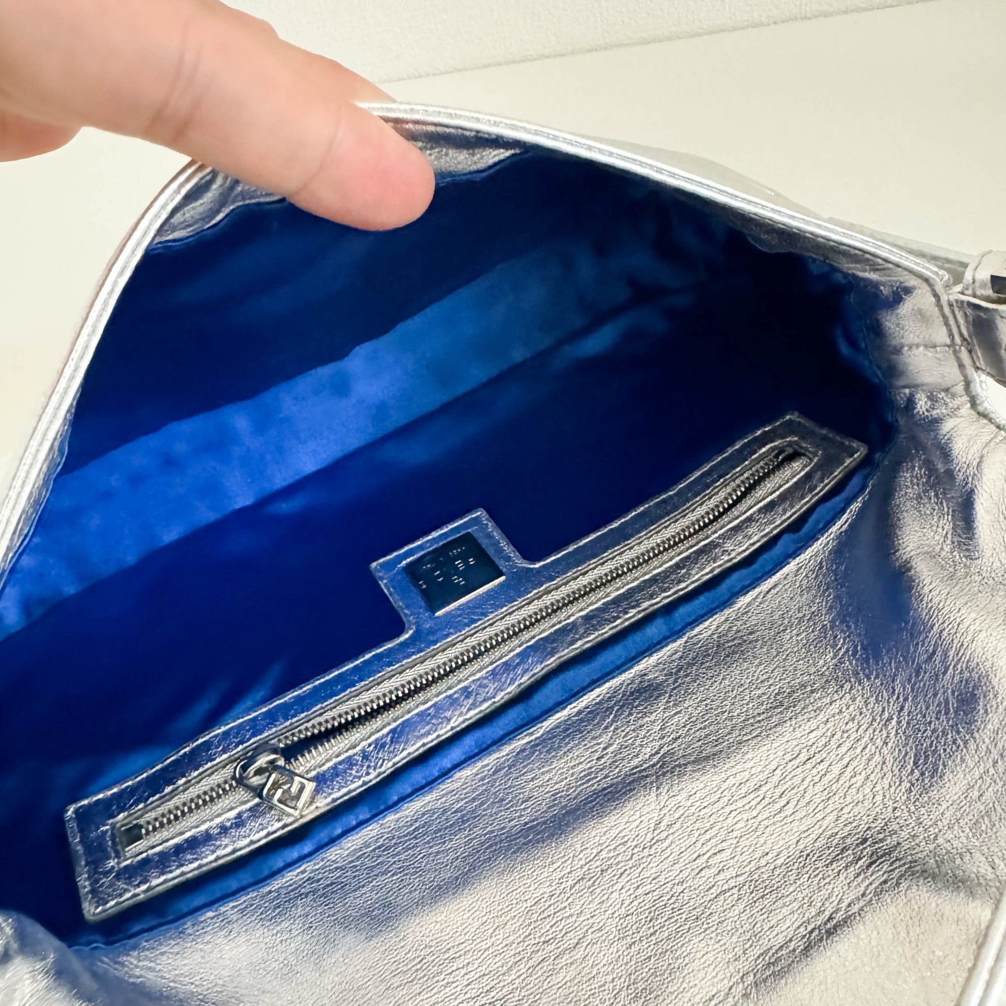 FENDI Baguette Metallic Silver Leather Rhinestone Hardware Shoulder Bag, in , Sold by HIVE PRELOVED - Shoulder Bags, ,