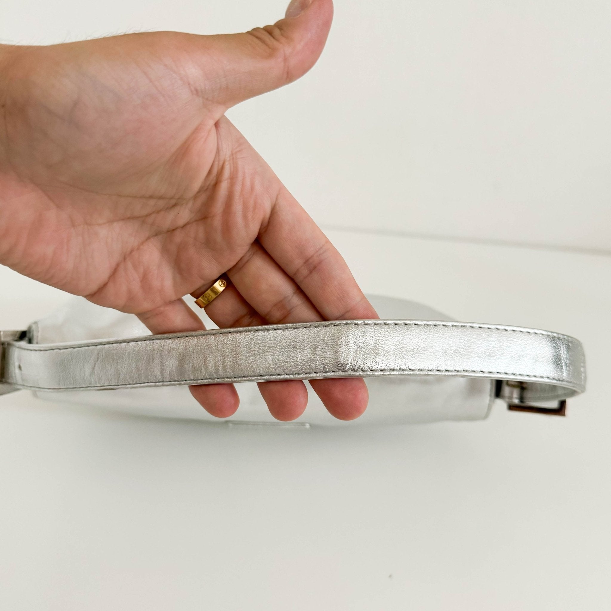 FENDI Baguette Metallic Silver Leather Rhinestone Hardware Shoulder Bag, in , Sold by HIVE PRELOVED - Shoulder Bags, ,