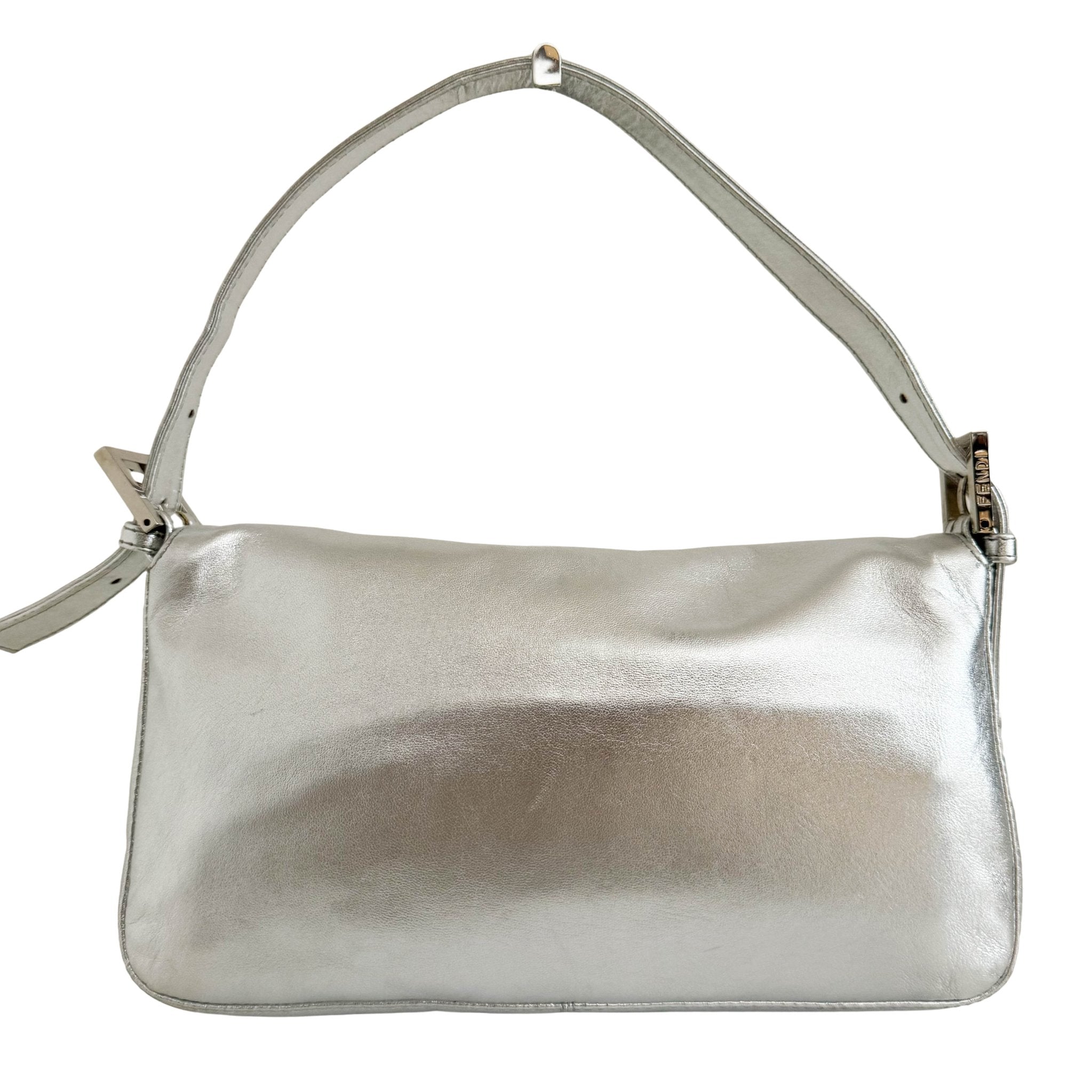 FENDI Baguette Metallic Silver Leather Rhinestone Hardware Shoulder Bag, in , Sold by HIVE PRELOVED - Shoulder Bags, ,
