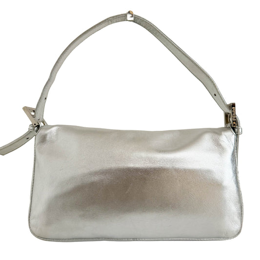 FENDI Baguette Metallic Silver Leather Rhinestone Hardware Shoulder Bag, in , Sold by HIVE PRELOVED - Shoulder Bags, ,