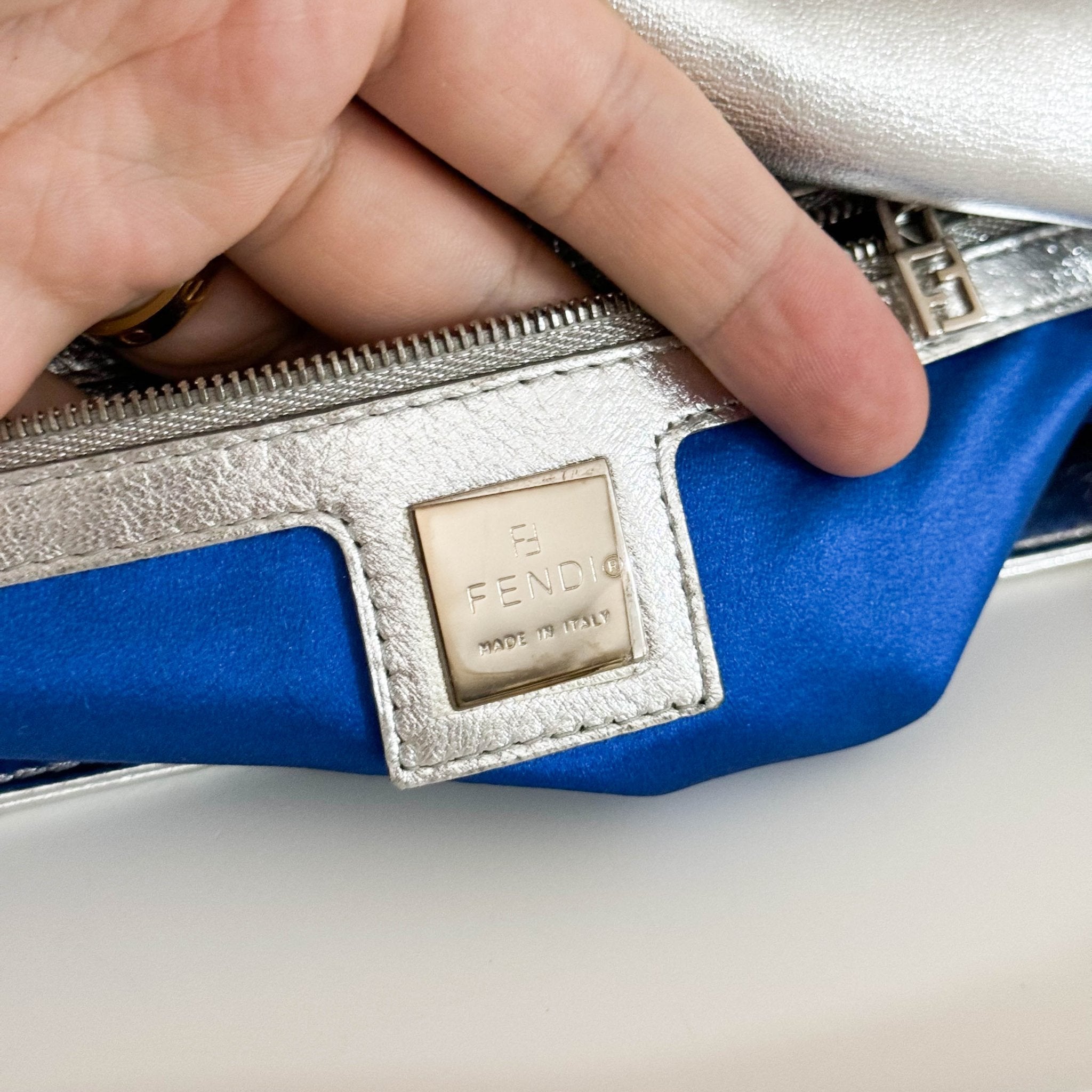 FENDI Baguette Metallic Silver Leather Rhinestone Hardware Shoulder Bag, in , Sold by HIVE PRELOVED - Shoulder Bags, ,