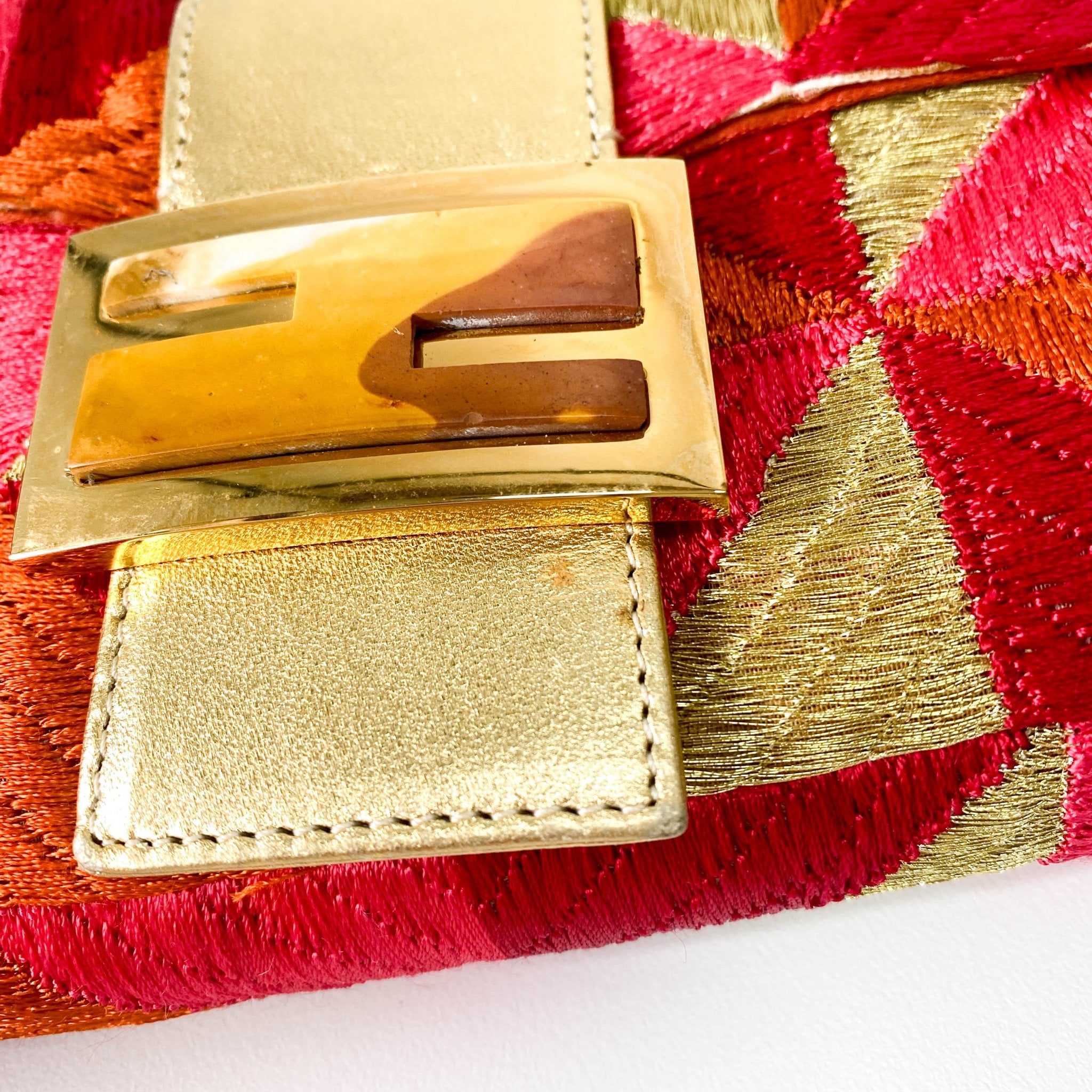 FENDI Baguette Patchwork Gold/ Pink/ Orange/ Red Embroidered Silk Gold Hardware Shoulder Bag, in , Sold by HIVE PRELOVED - Shoulder Bags, ,