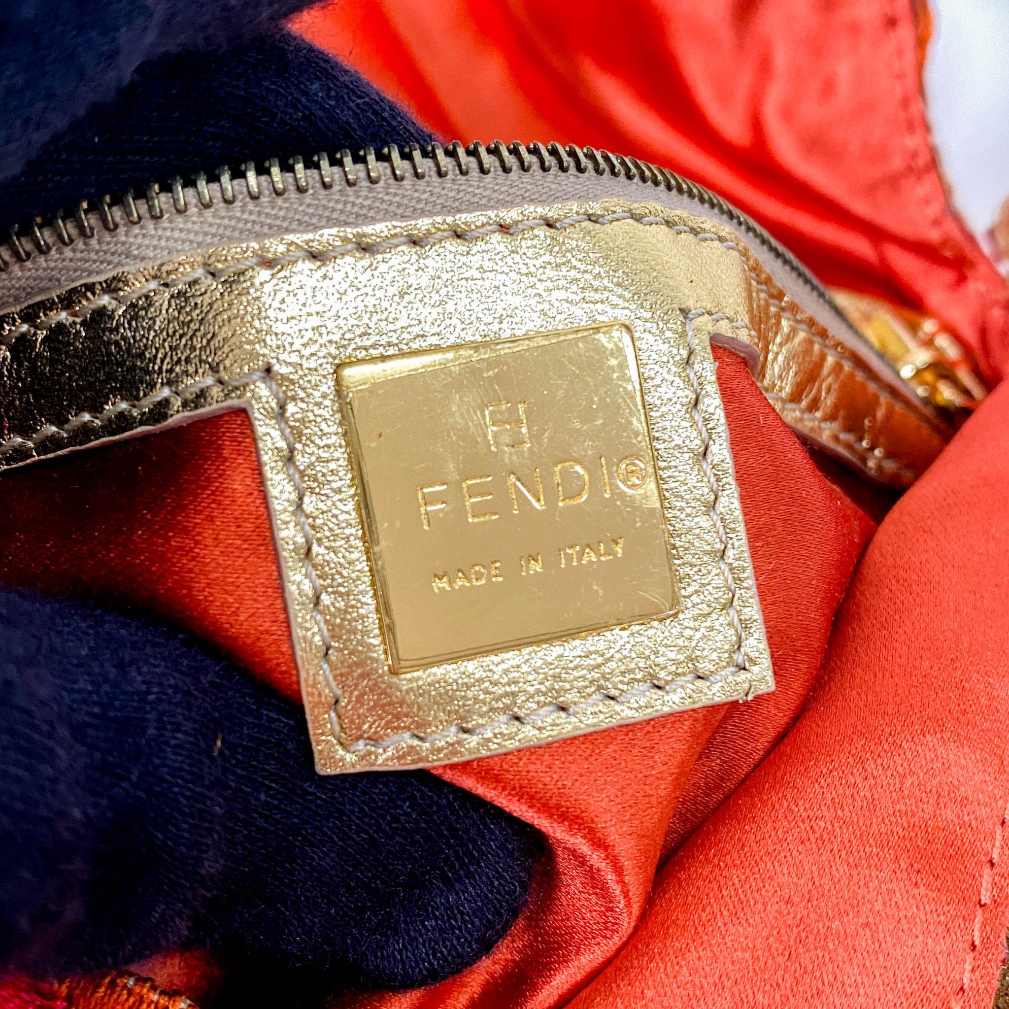 FENDI Baguette Patchwork Gold/ Pink/ Orange/ Red Embroidered Silk Gold Hardware Shoulder Bag, in , Sold by HIVE PRELOVED - Shoulder Bags, ,