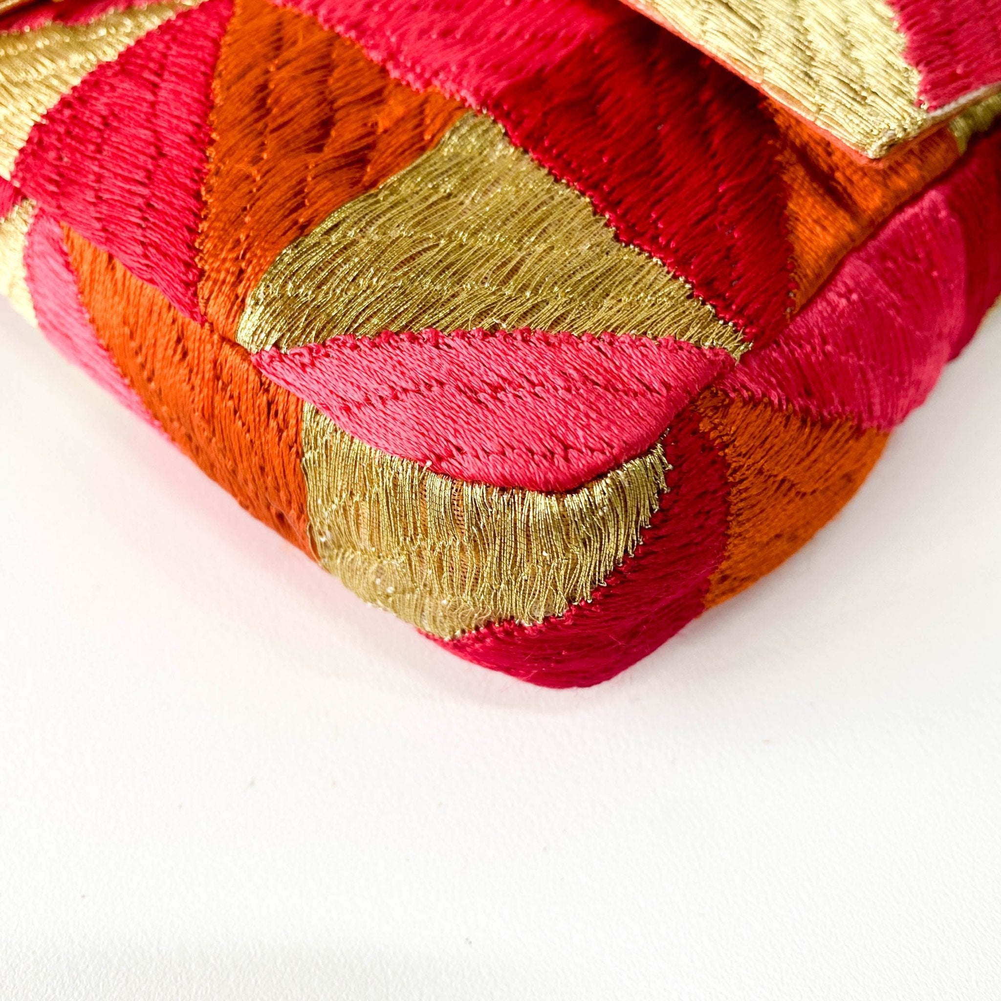 FENDI Baguette Patchwork Gold/ Pink/ Orange/ Red Embroidered Silk Gold Hardware Shoulder Bag, in , Sold by HIVE PRELOVED - Shoulder Bags, ,