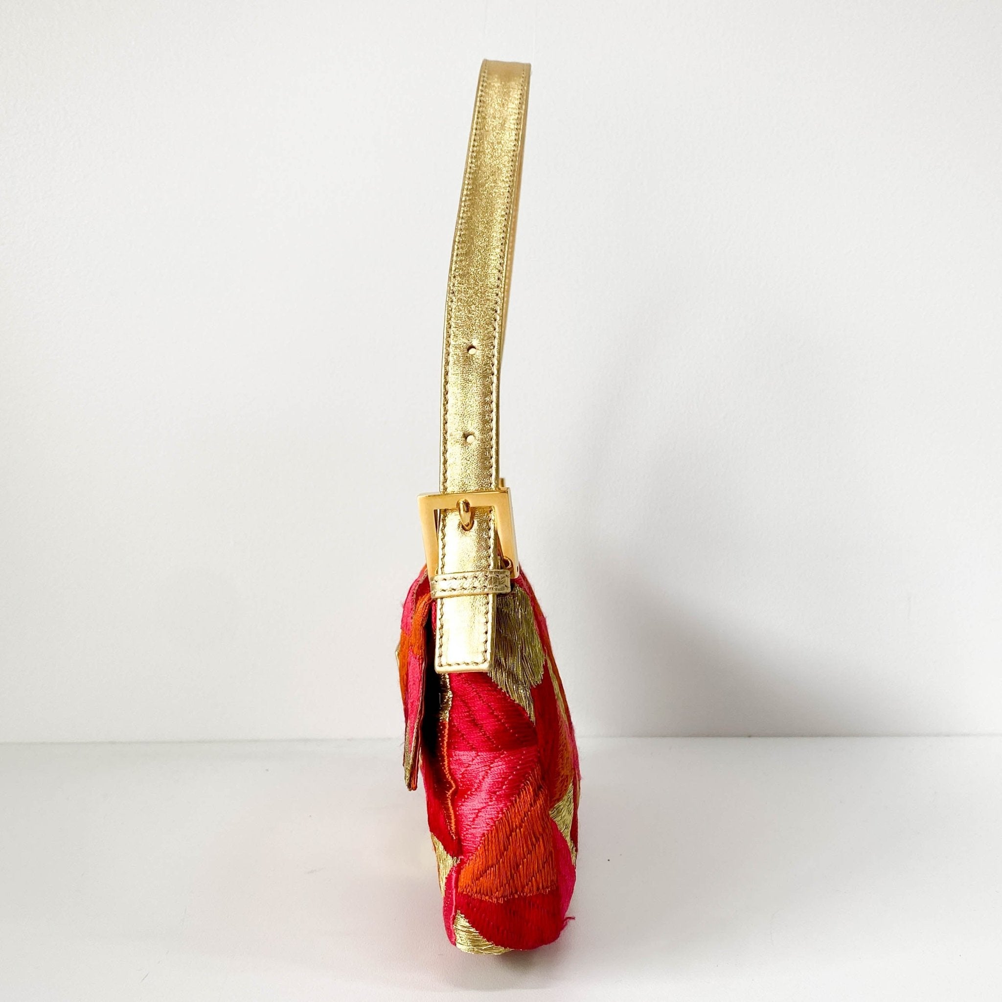 FENDI Baguette Patchwork Gold/ Pink/ Orange/ Red Embroidered Silk Gold Hardware Shoulder Bag, in , Sold by HIVE PRELOVED - Shoulder Bags, ,