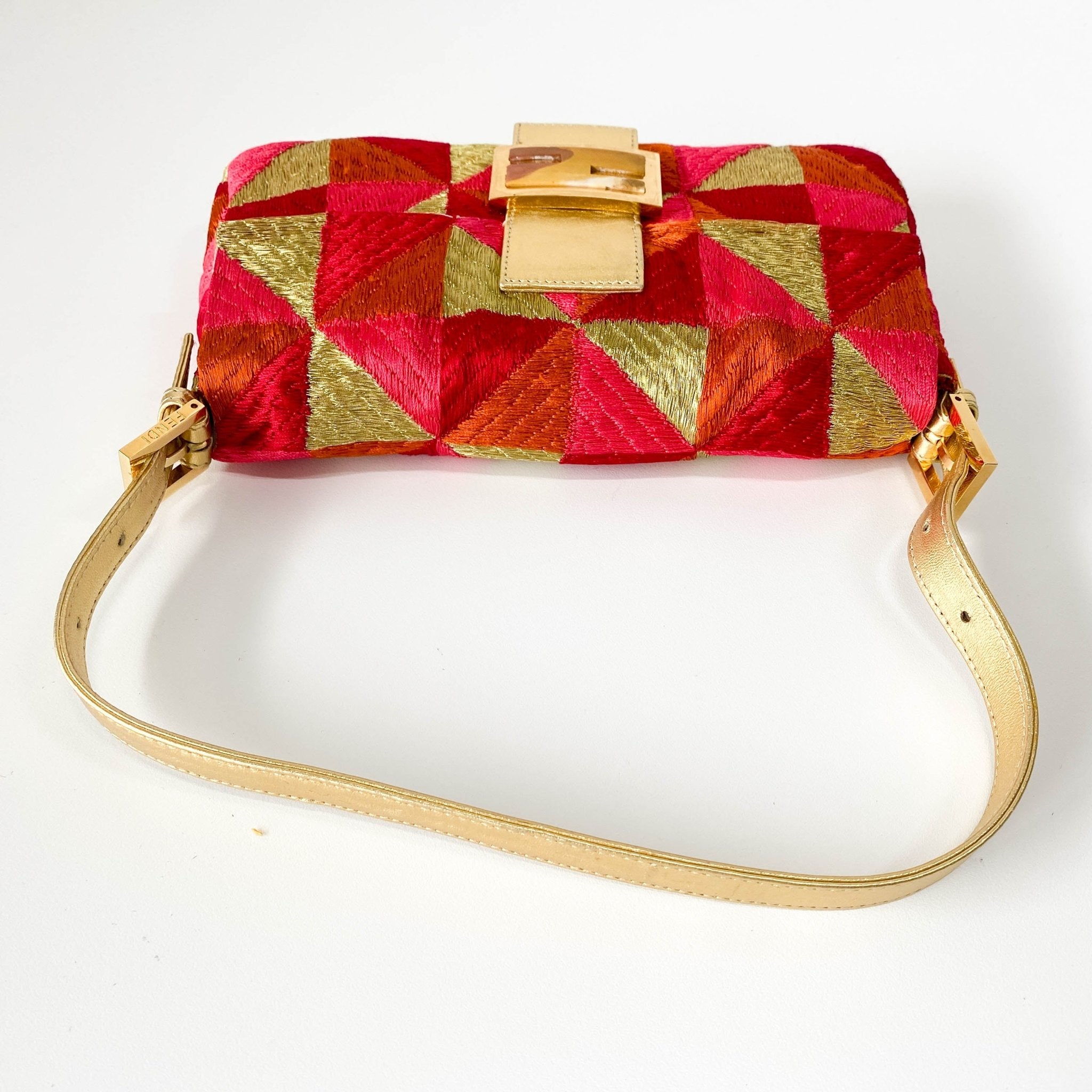 FENDI Baguette Patchwork Gold/ Pink/ Orange/ Red Embroidered Silk Gold Hardware Shoulder Bag, in , Sold by HIVE PRELOVED - Shoulder Bags, ,