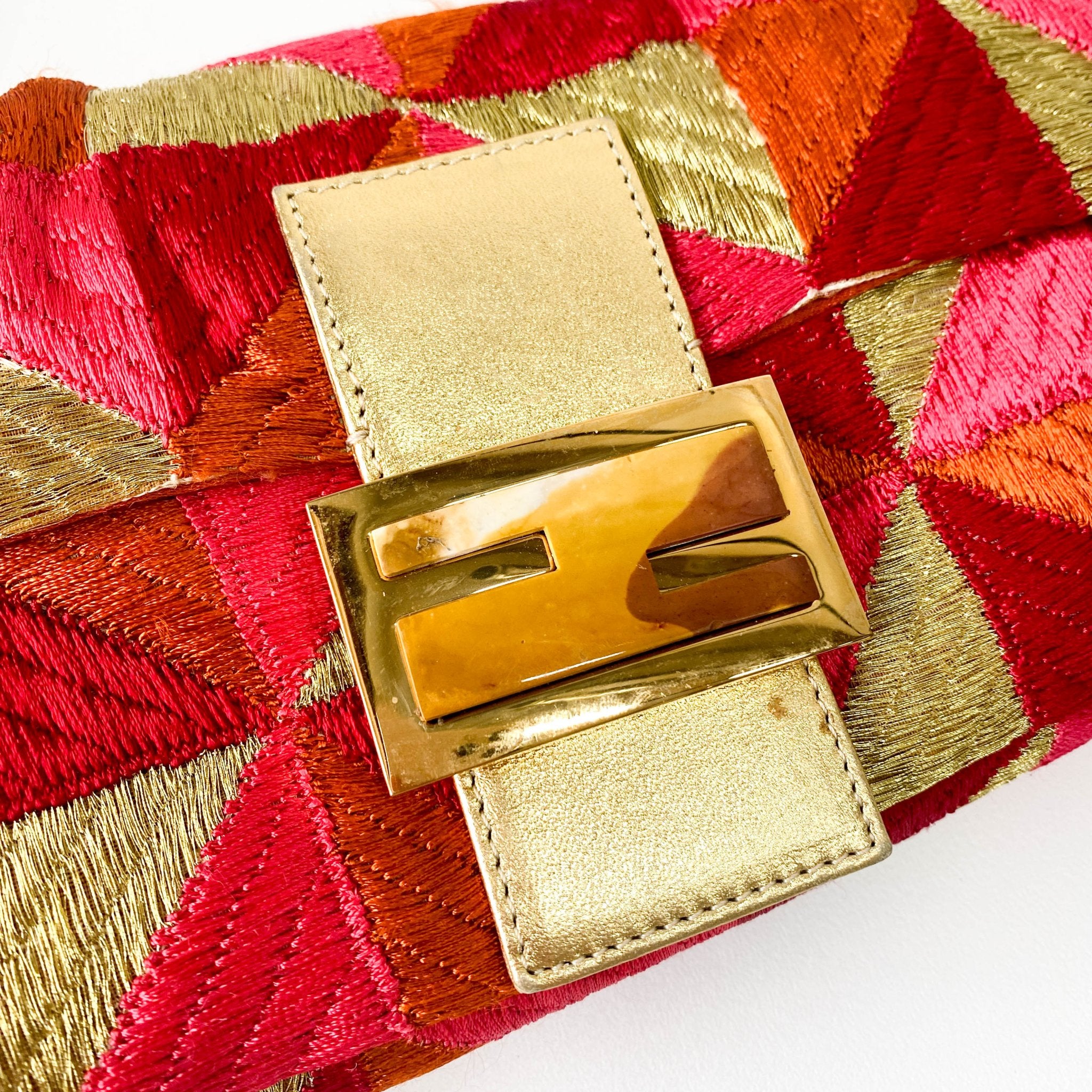 FENDI Baguette Patchwork Gold/ Pink/ Orange/ Red Embroidered Silk Gold Hardware Shoulder Bag, in , Sold by HIVE PRELOVED - Shoulder Bags, ,