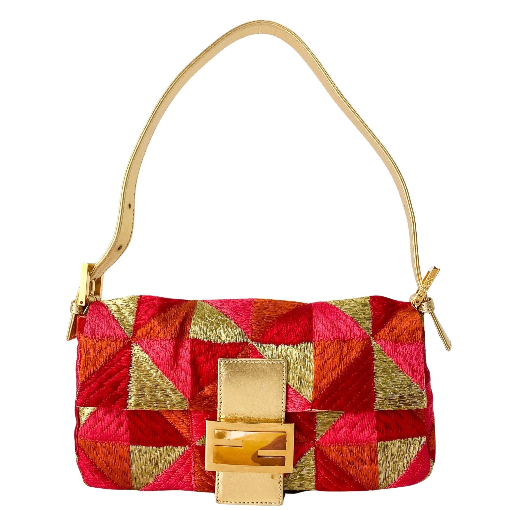 FENDI Baguette Patchwork Gold/ Pink/ Orange/ Red Embroidered Silk Gold Hardware Shoulder Bag, in , Sold by HIVE PRELOVED - Shoulder Bags, ,