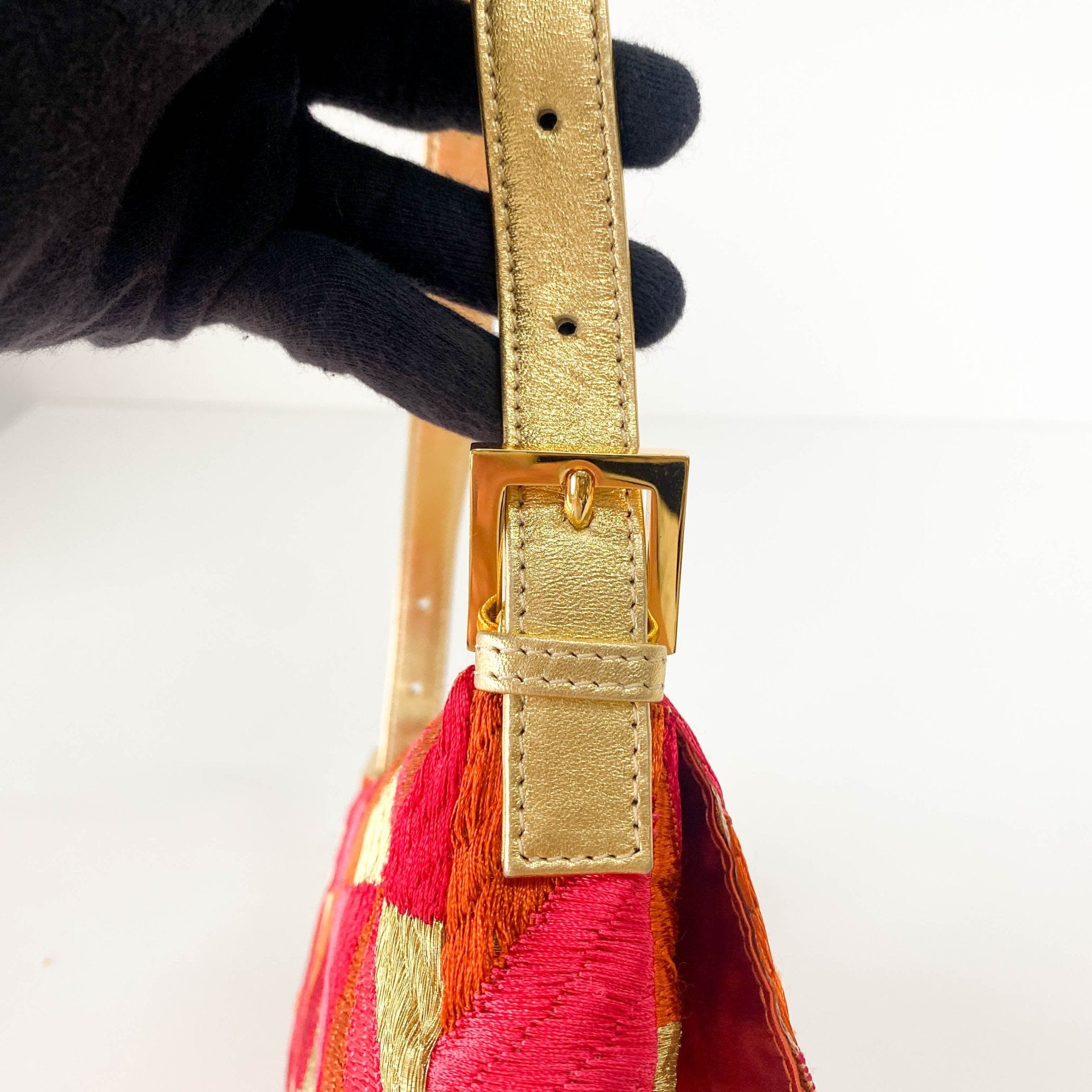 FENDI Baguette Patchwork Gold/ Pink/ Orange/ Red Embroidered Silk Gold Hardware Shoulder Bag, in , Sold by HIVE PRELOVED - Shoulder Bags, ,