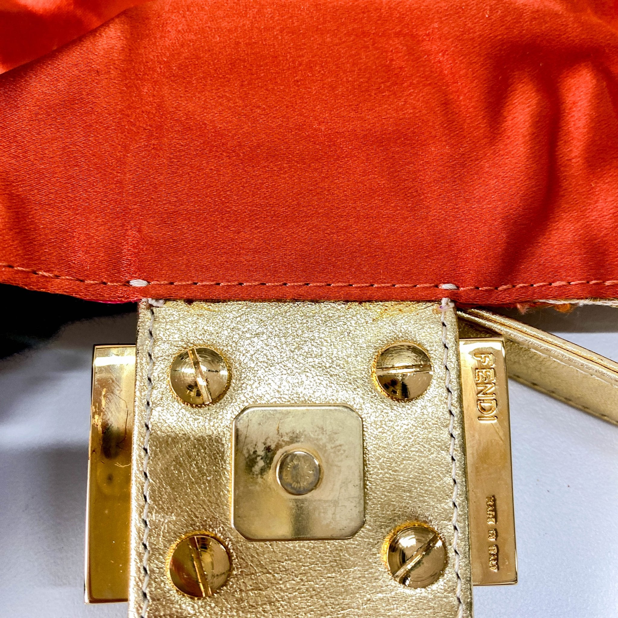 FENDI Baguette Patchwork Gold/ Pink/ Orange/ Red Embroidered Silk Gold Hardware Shoulder Bag, in , Sold by HIVE PRELOVED - Shoulder Bags, ,