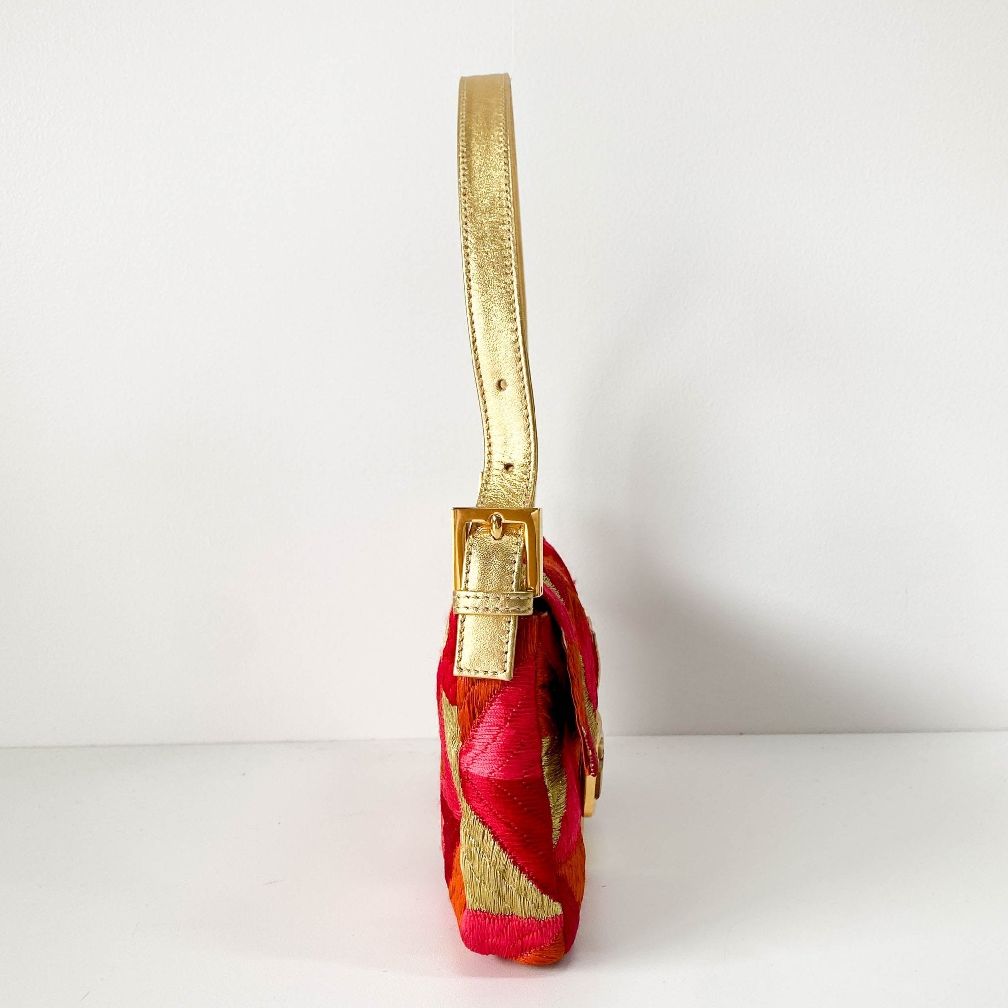 FENDI Baguette Patchwork Gold/ Pink/ Orange/ Red Embroidered Silk Gold Hardware Shoulder Bag, in , Sold by HIVE PRELOVED - Shoulder Bags, ,
