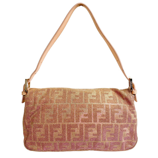 FENDI Baguette Pink x Gold Sparkly Zucca Canvas With Rhinestone Hardware 8BR600, in , Sold by HIVE PRELOVED - Shoulder Bags