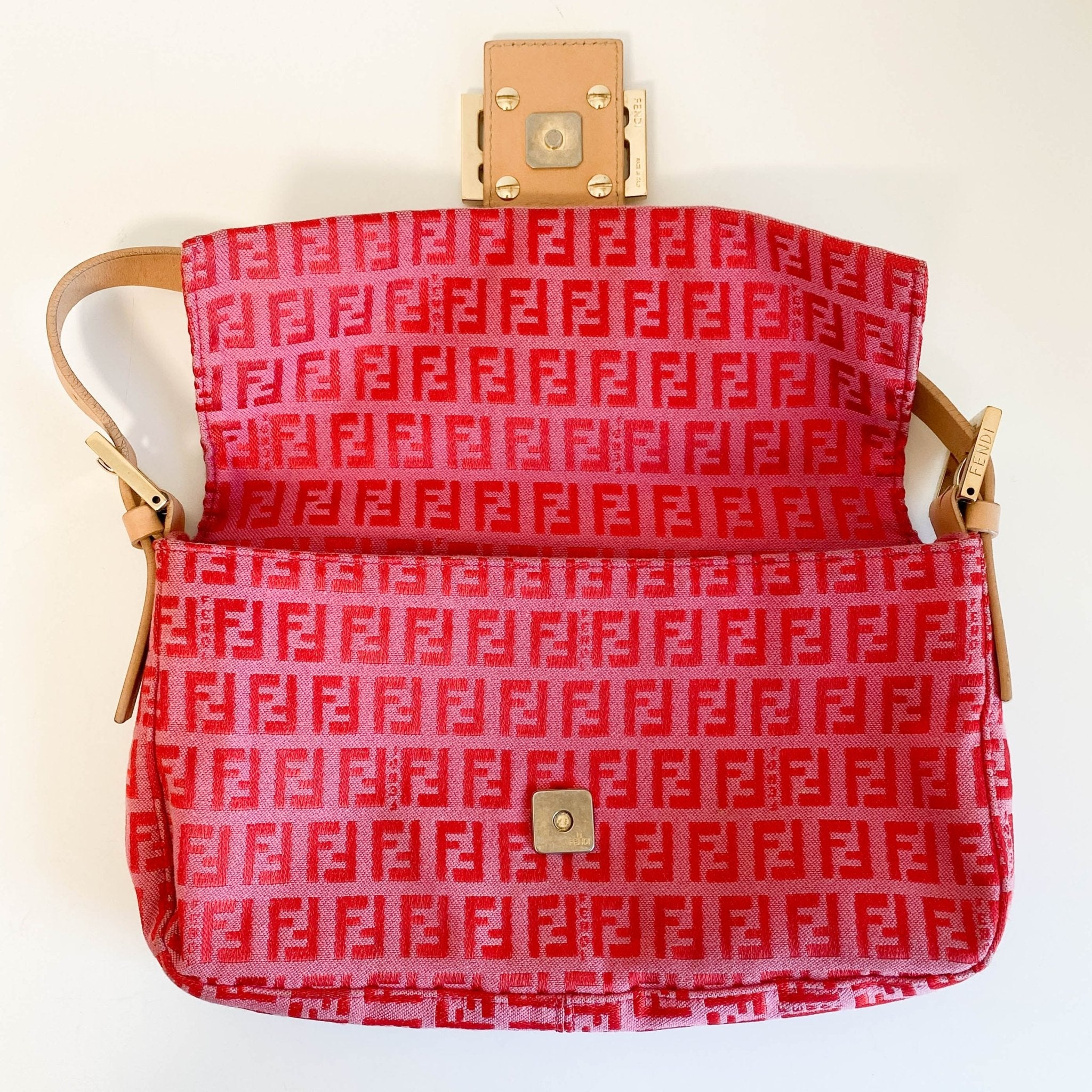 FENDI Baguette Red / Pink Zucchino Shoulder Bag, in , Sold by HIVE PRELOVED - Shoulder Bags, ,