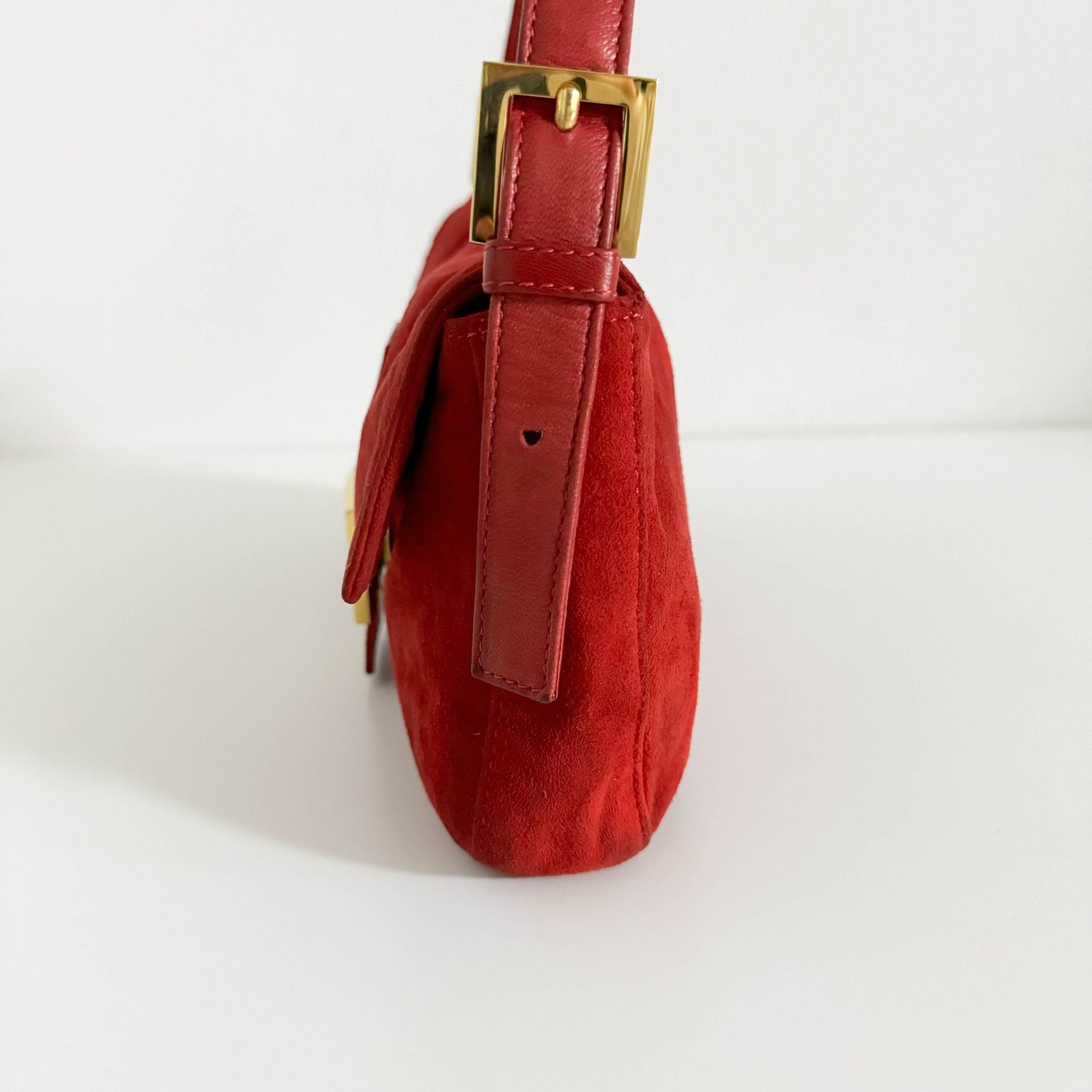 FENDI Baguette Red Suede Shoulder Bag Purple Glitter / Gold Hardware, in , Sold by HIVE PRELOVED - Shoulder Bags, ,