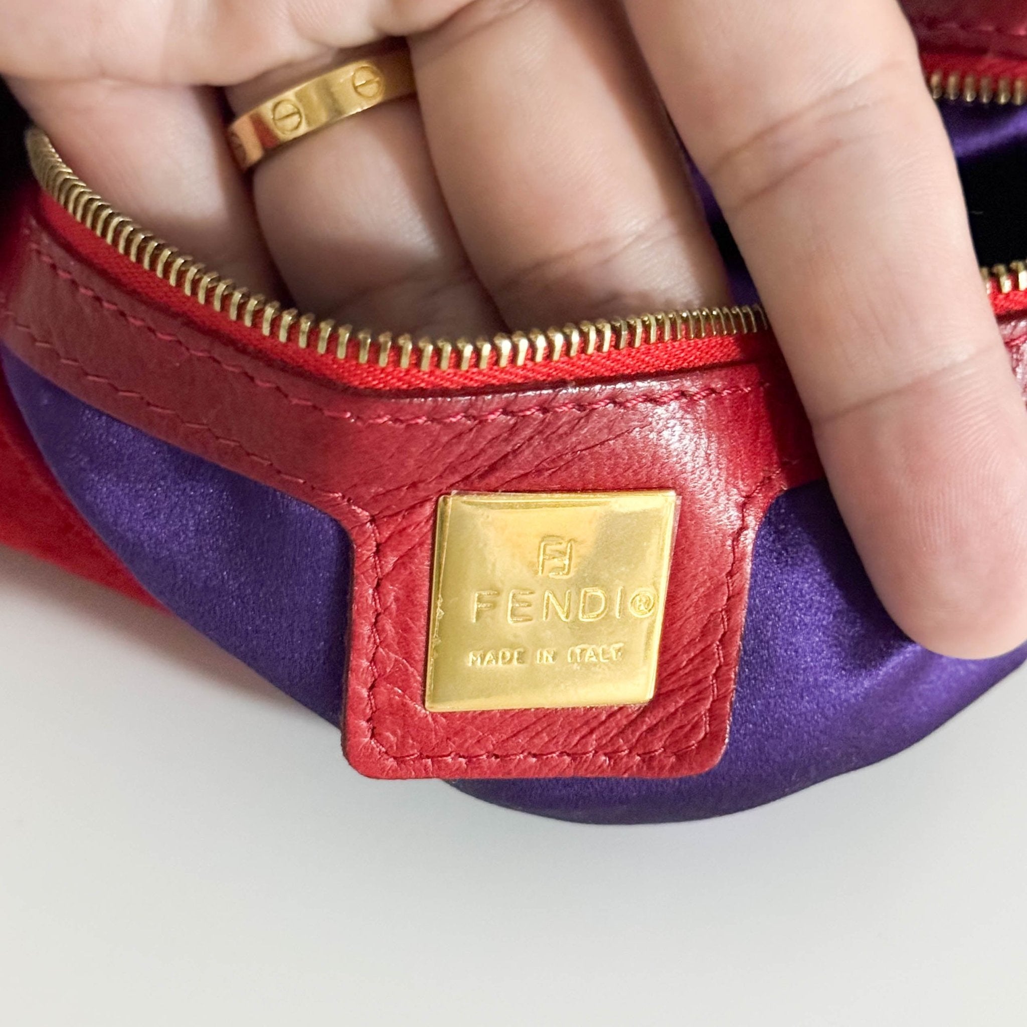 FENDI Baguette Red Suede Shoulder Bag Purple Glitter / Gold Hardware, in , Sold by HIVE PRELOVED - Shoulder Bags, ,