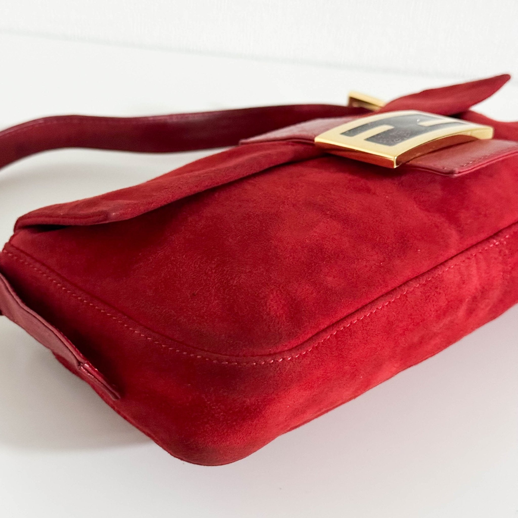 FENDI Baguette Red Suede Shoulder Bag Purple Glitter / Gold Hardware, in , Sold by HIVE PRELOVED - Shoulder Bags, ,