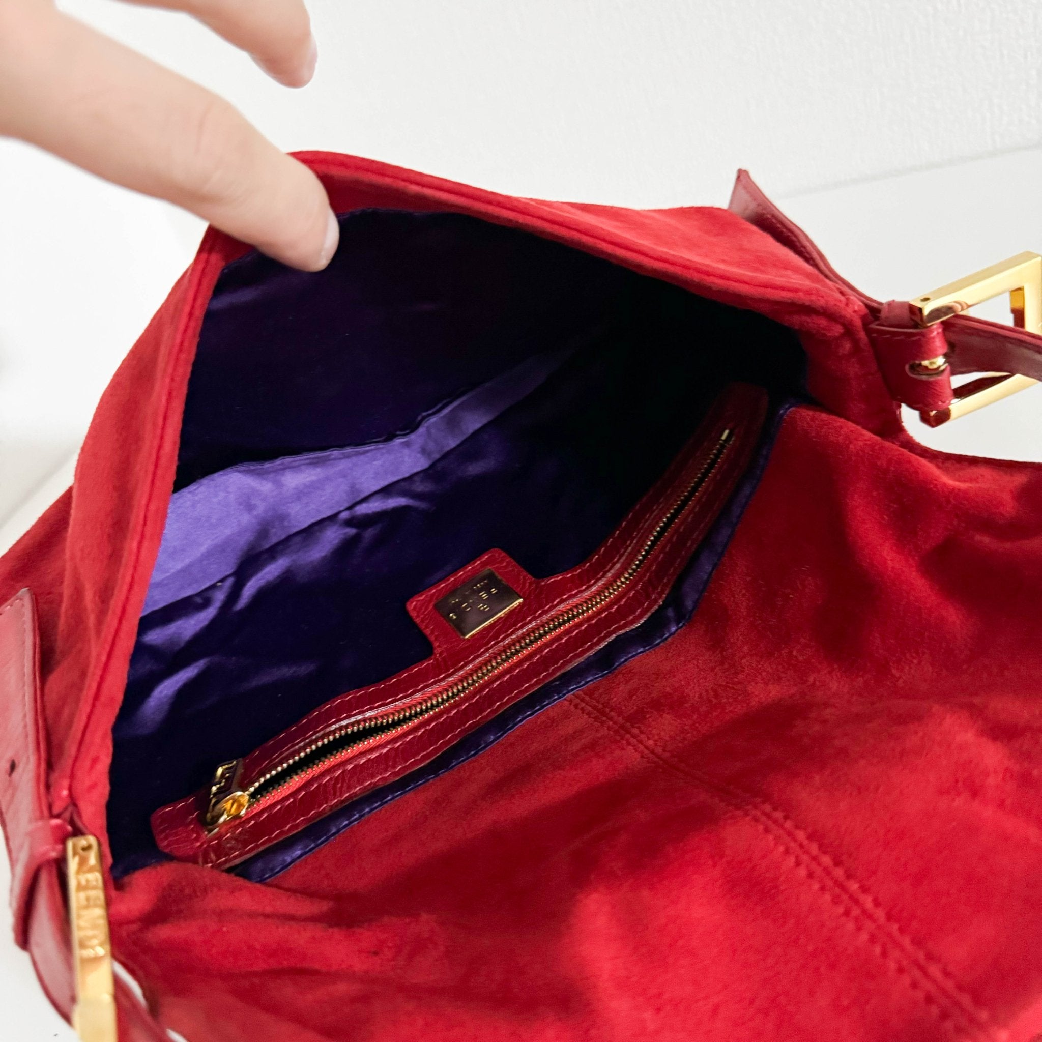 FENDI Baguette Red Suede Shoulder Bag Purple Glitter / Gold Hardware, in , Sold by HIVE PRELOVED - Shoulder Bags, ,