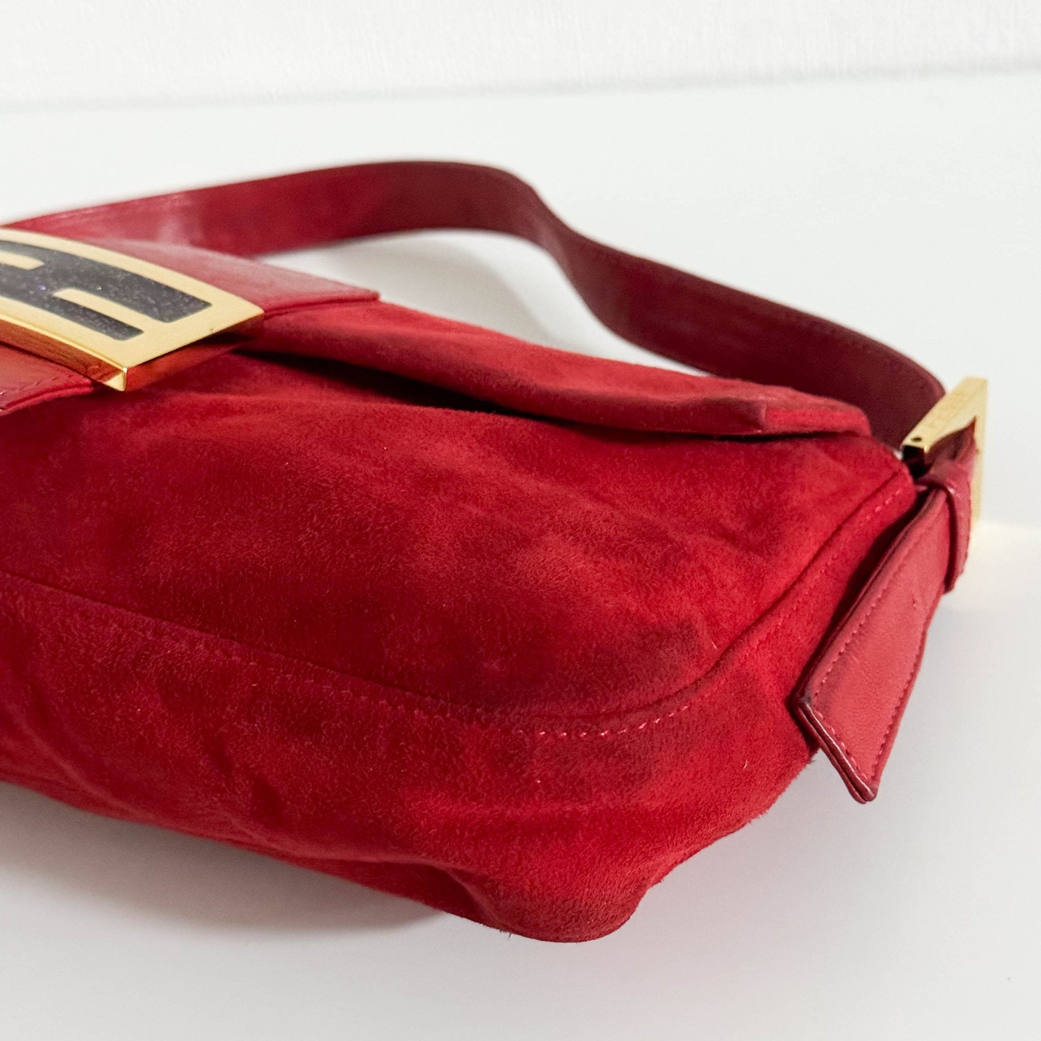 FENDI Baguette Red Suede Shoulder Bag Purple Glitter / Gold Hardware, in , Sold by HIVE PRELOVED - Shoulder Bags, ,