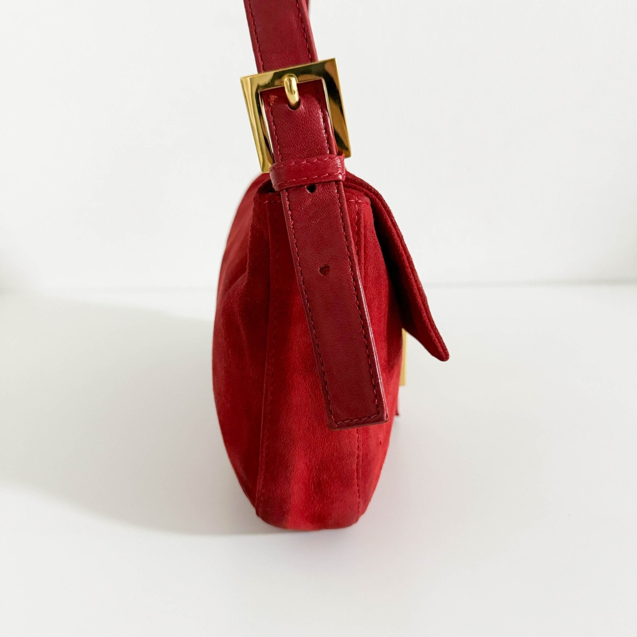 FENDI Baguette Red Suede Shoulder Bag Purple Glitter / Gold Hardware, in , Sold by HIVE PRELOVED - Shoulder Bags, ,