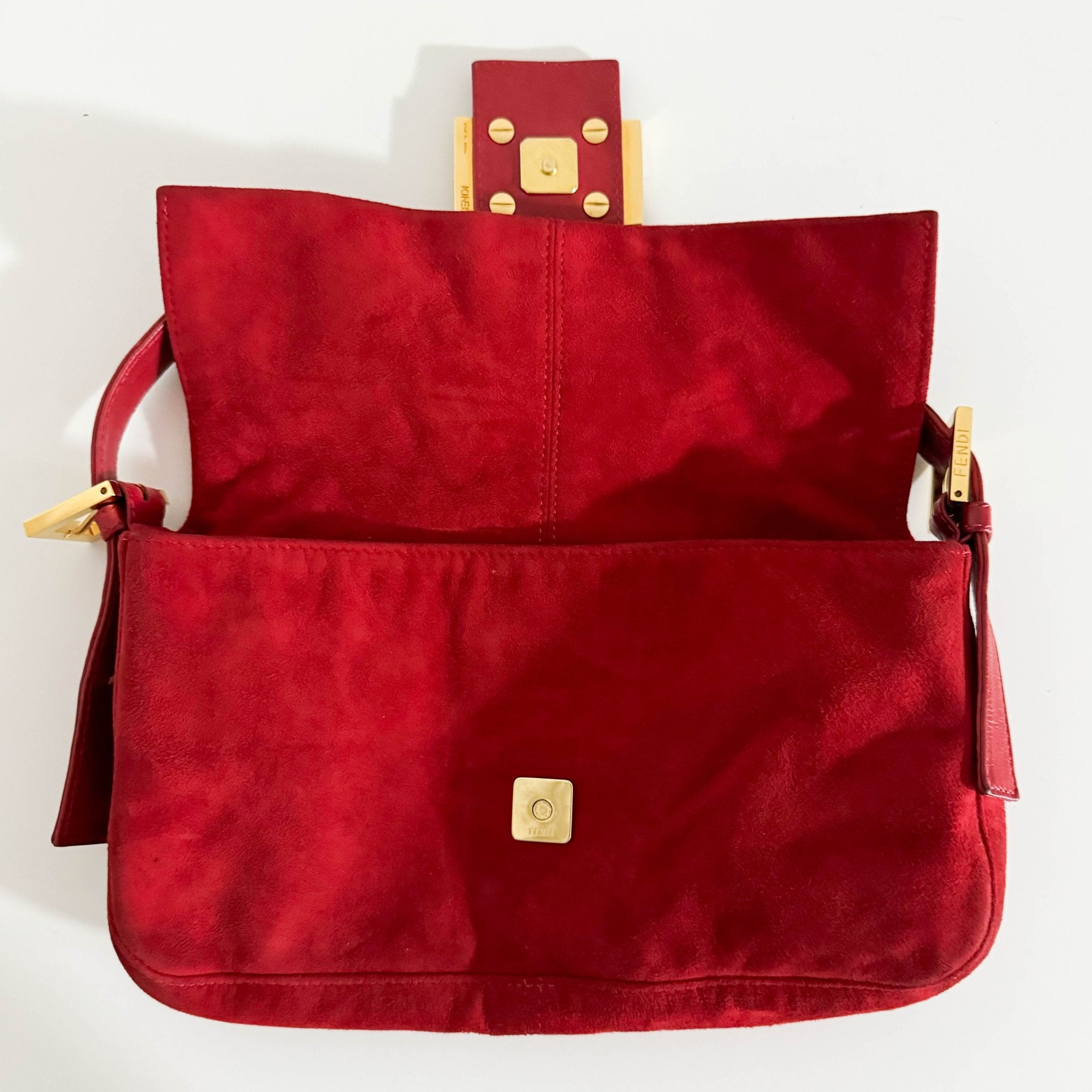 FENDI Baguette Red Suede Shoulder Bag Purple Glitter / Gold Hardware, in , Sold by HIVE PRELOVED - Shoulder Bags, ,