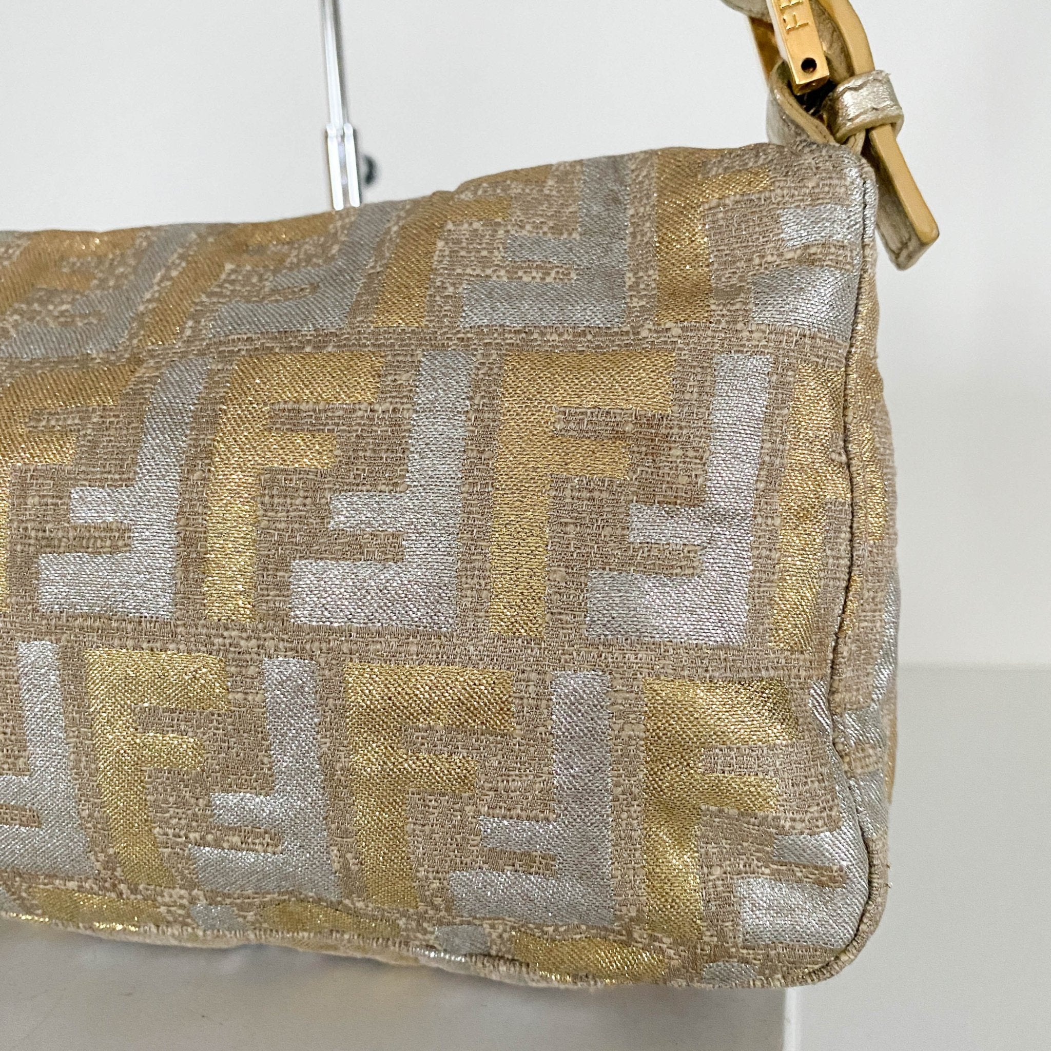 FENDI Baguette Silver / Gold Logo Embroidered Cotton Fabric, in , Sold by HIVE PRELOVED - Shoulder Bags, ,