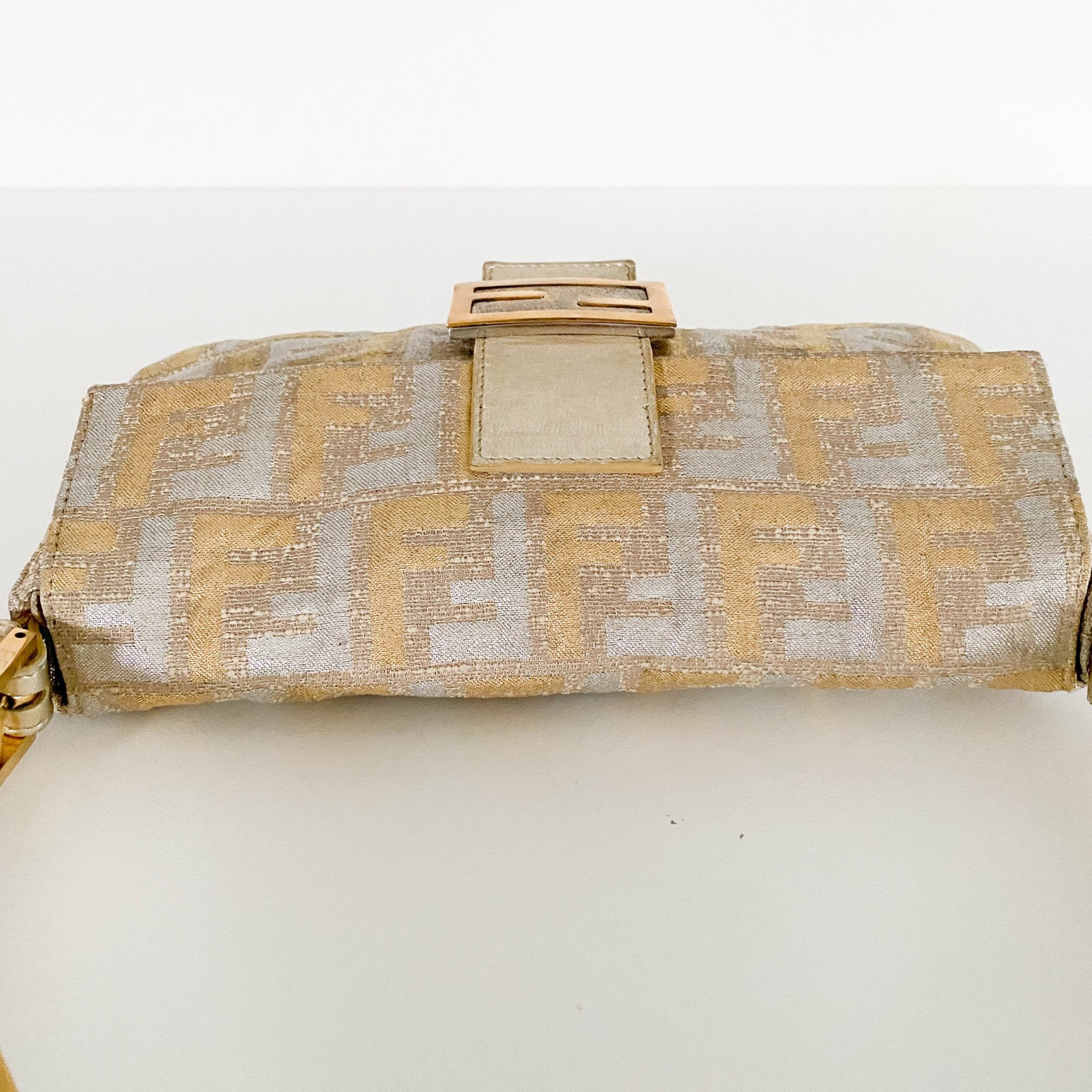 FENDI Baguette Silver / Gold Logo Embroidered Cotton Fabric, in , Sold by HIVE PRELOVED - Shoulder Bags, ,