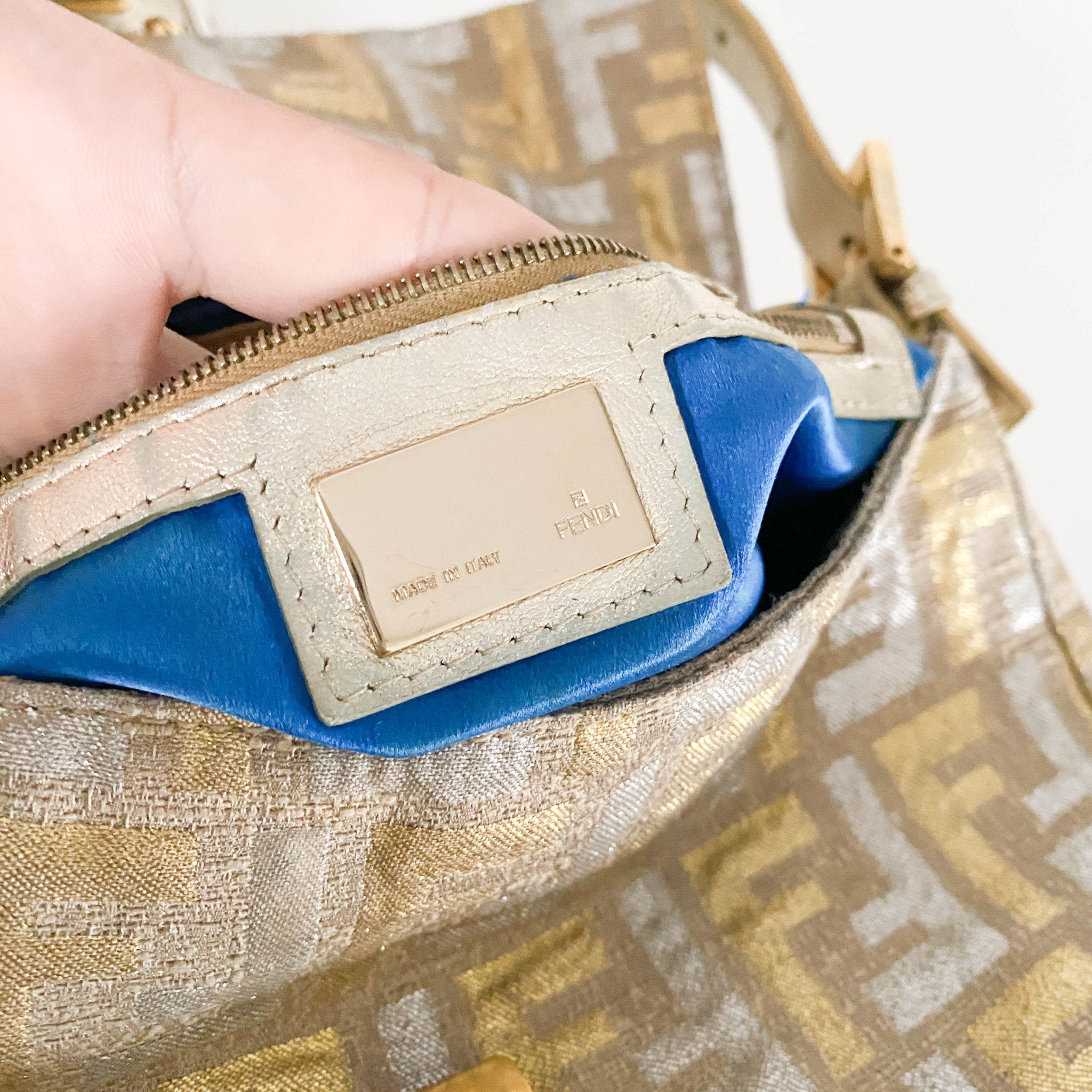 FENDI Baguette Silver / Gold Logo Embroidered Cotton Fabric, in , Sold by HIVE PRELOVED - Shoulder Bags, ,