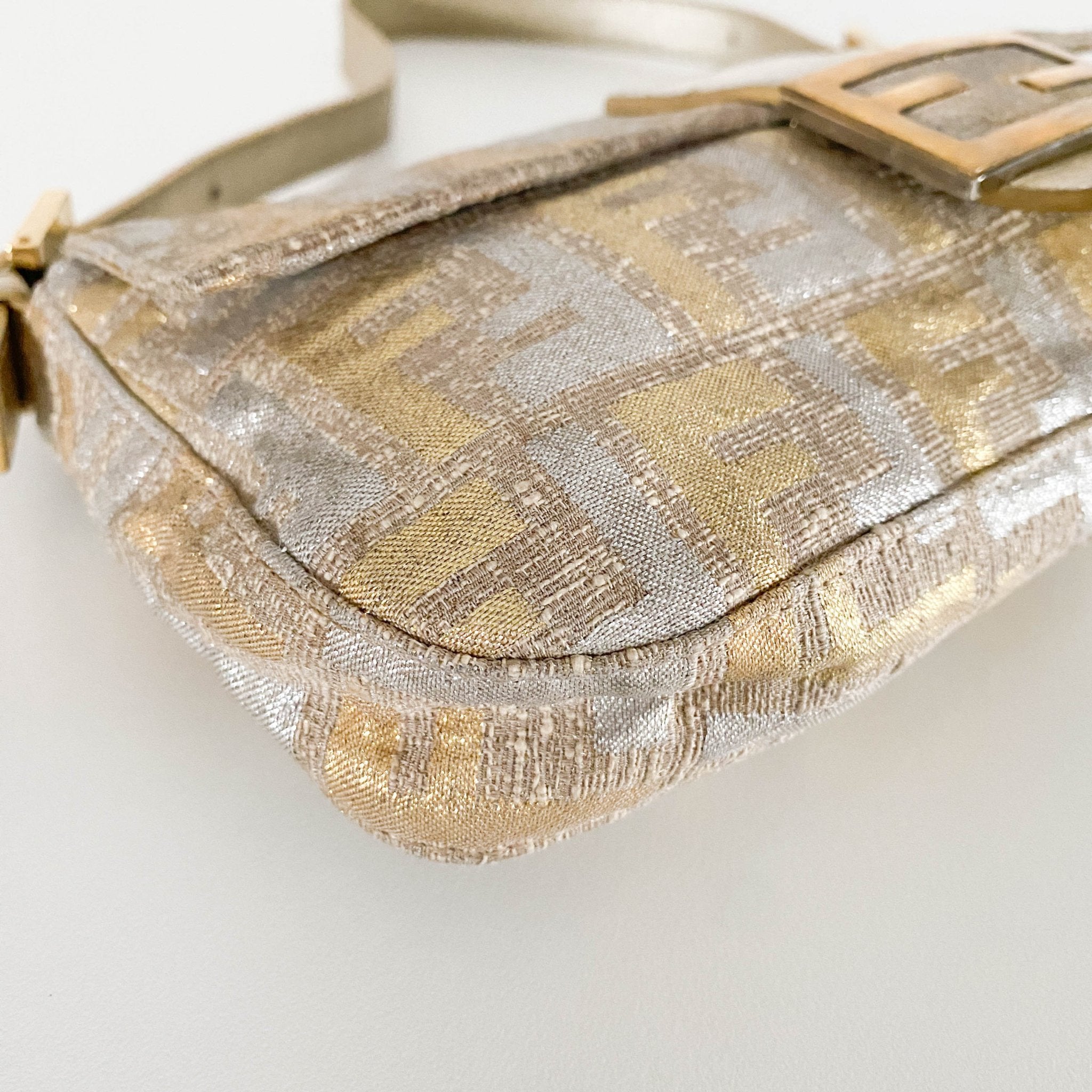 FENDI Baguette Silver / Gold Logo Embroidered Cotton Fabric, in , Sold by HIVE PRELOVED - Shoulder Bags, ,