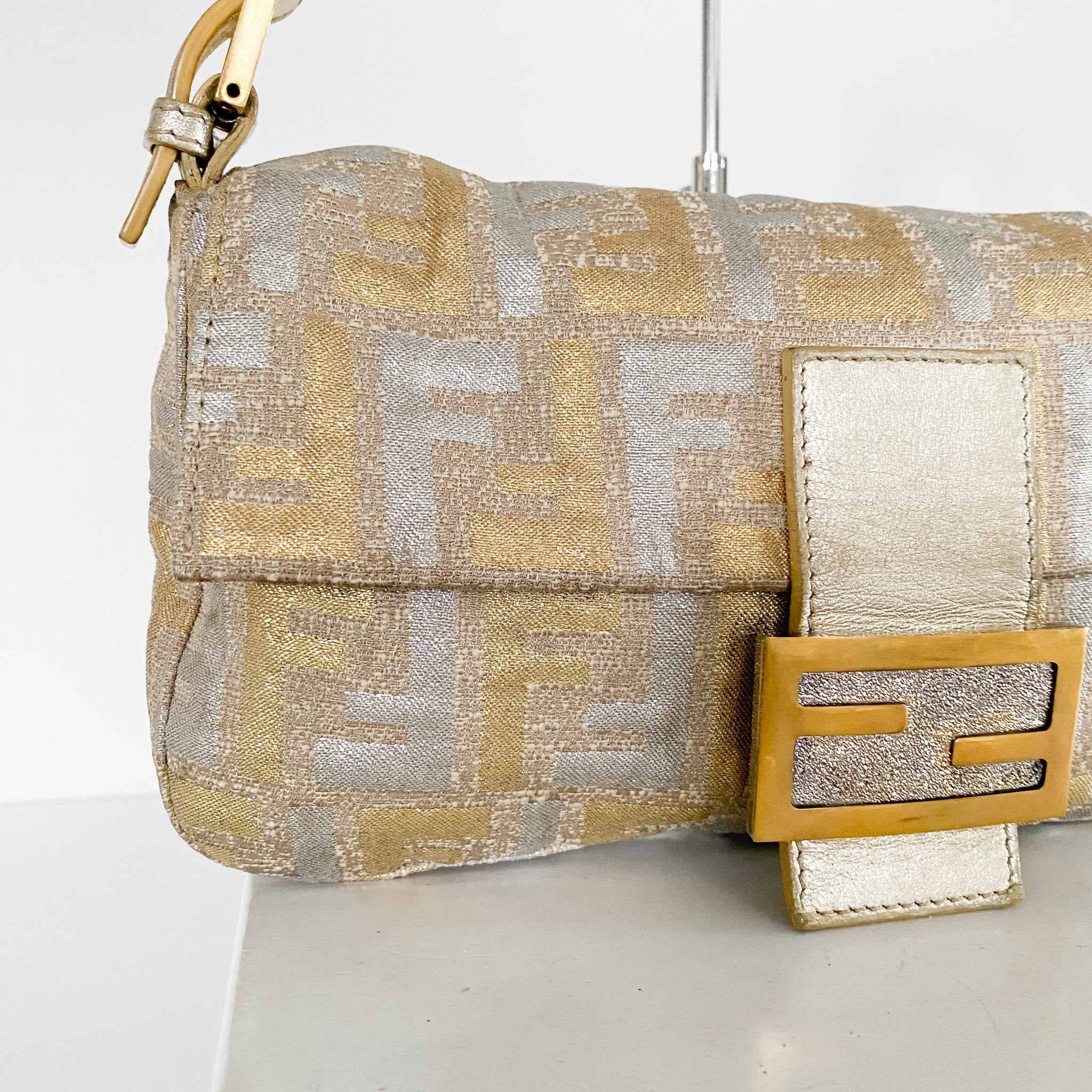 FENDI Baguette Silver / Gold Logo Embroidered Cotton Fabric, in , Sold by HIVE PRELOVED - Shoulder Bags, ,