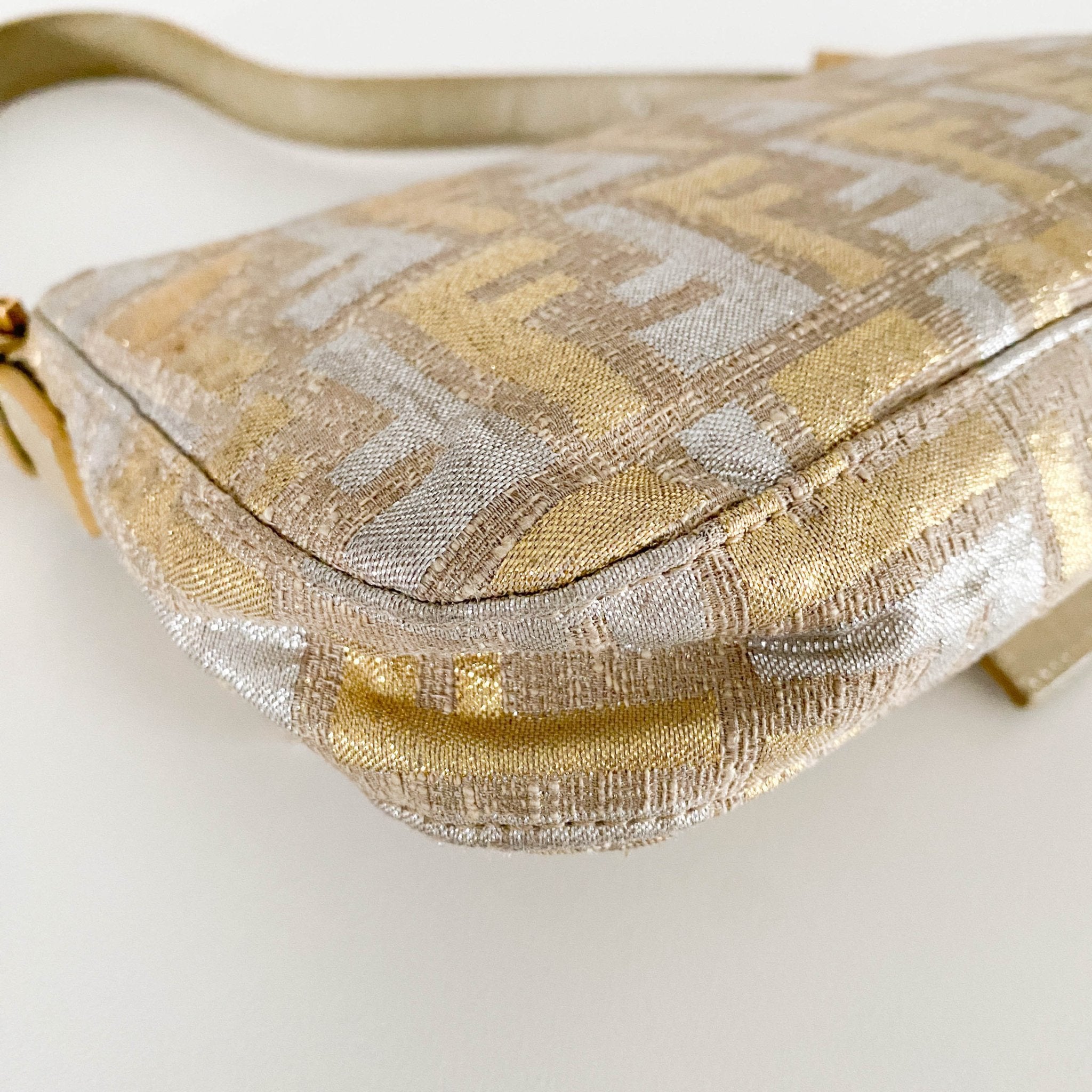 FENDI Baguette Silver / Gold Logo Embroidered Cotton Fabric, in , Sold by HIVE PRELOVED - Shoulder Bags, ,