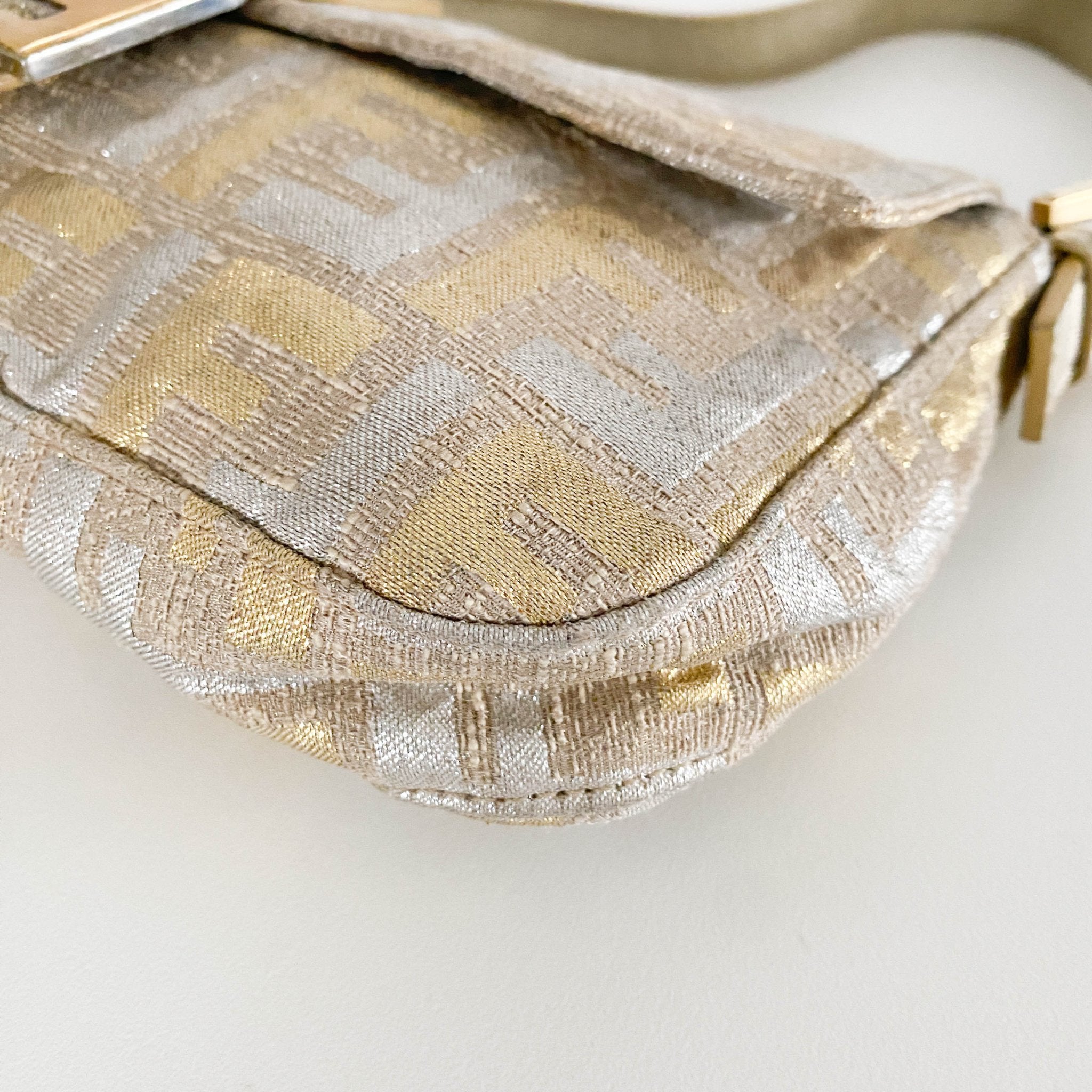 FENDI Baguette Silver / Gold Logo Embroidered Cotton Fabric, in , Sold by HIVE PRELOVED - Shoulder Bags, ,