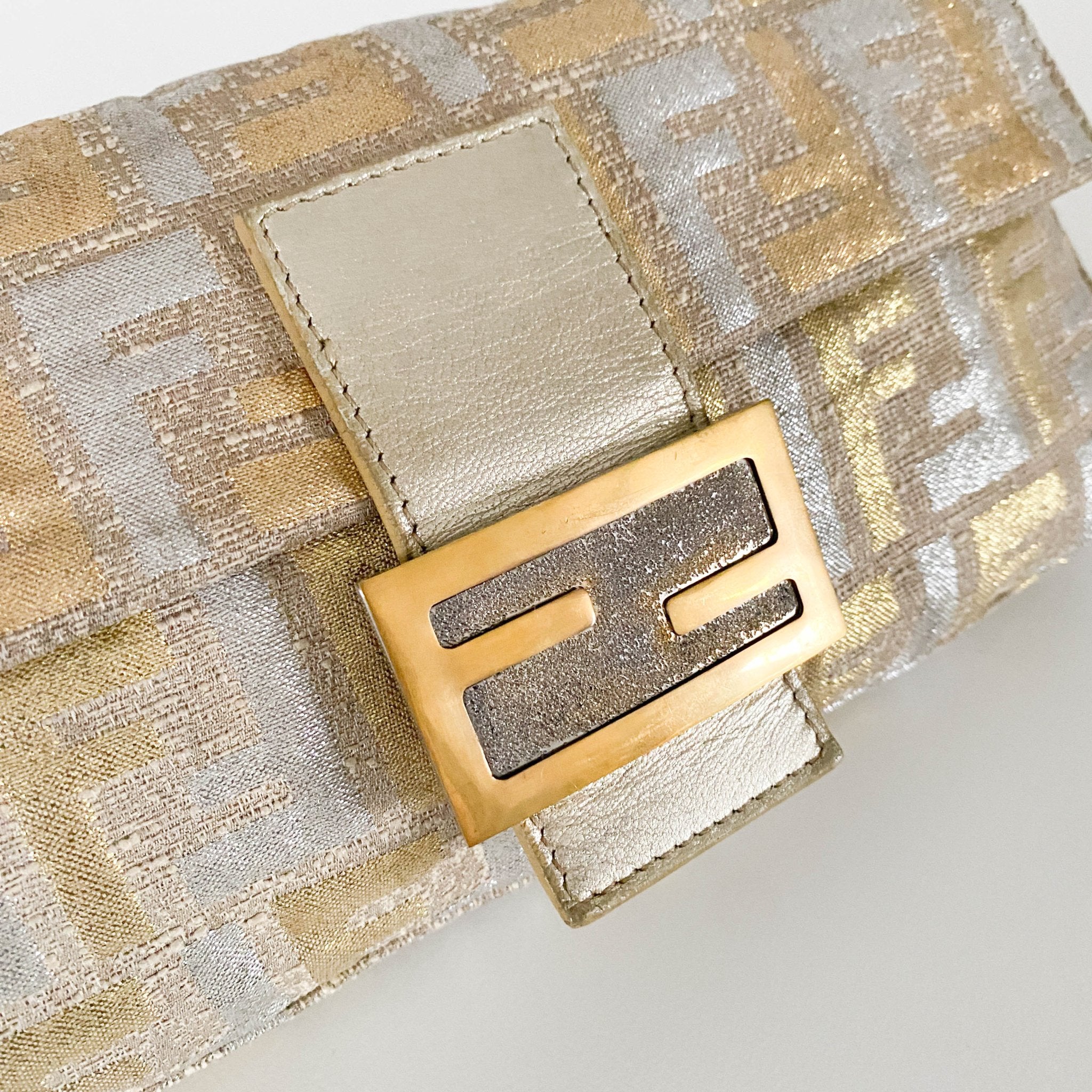 FENDI Baguette Silver / Gold Logo Embroidered Cotton Fabric, in , Sold by HIVE PRELOVED - Shoulder Bags, ,