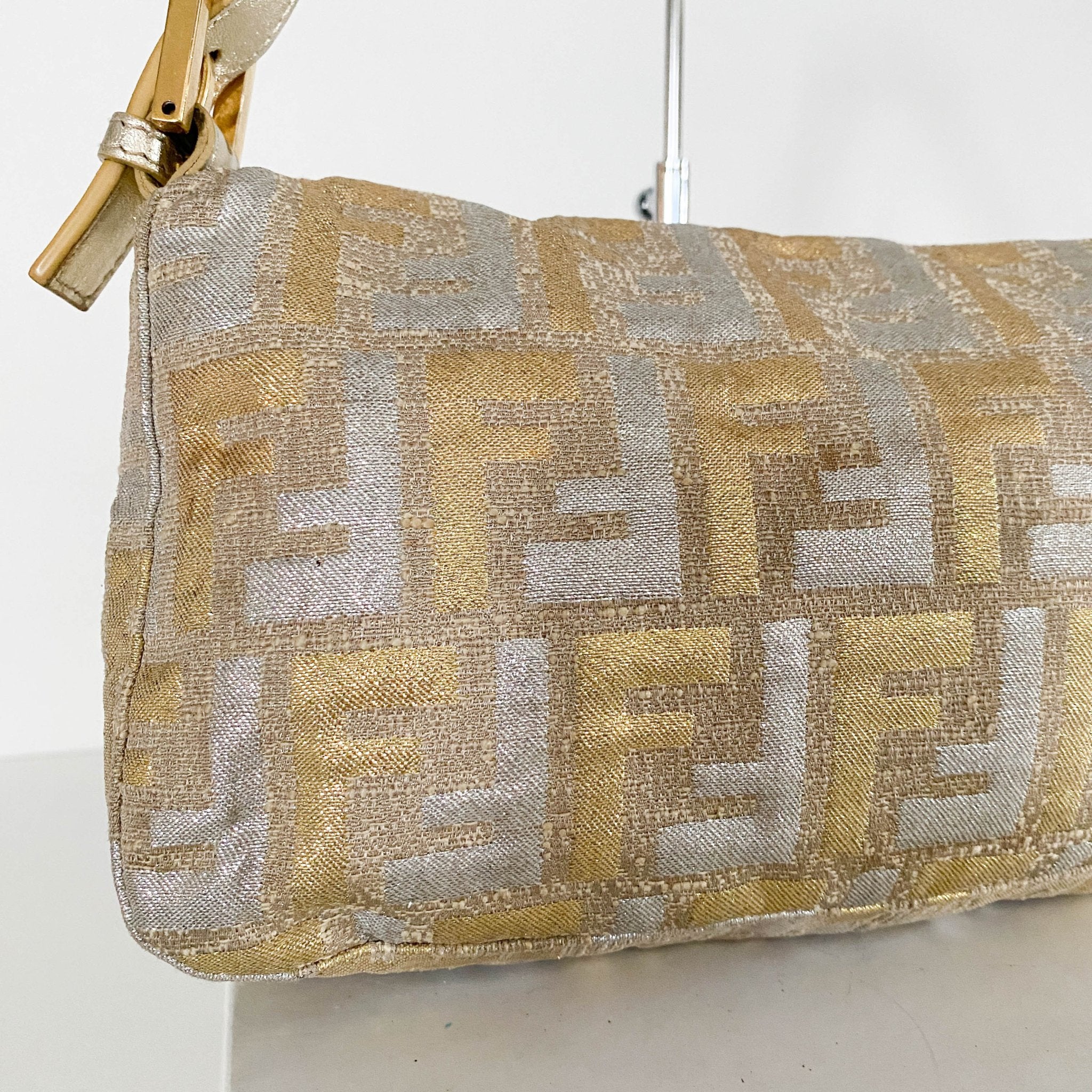 FENDI Baguette Silver / Gold Logo Embroidered Cotton Fabric, in , Sold by HIVE PRELOVED - Shoulder Bags, ,