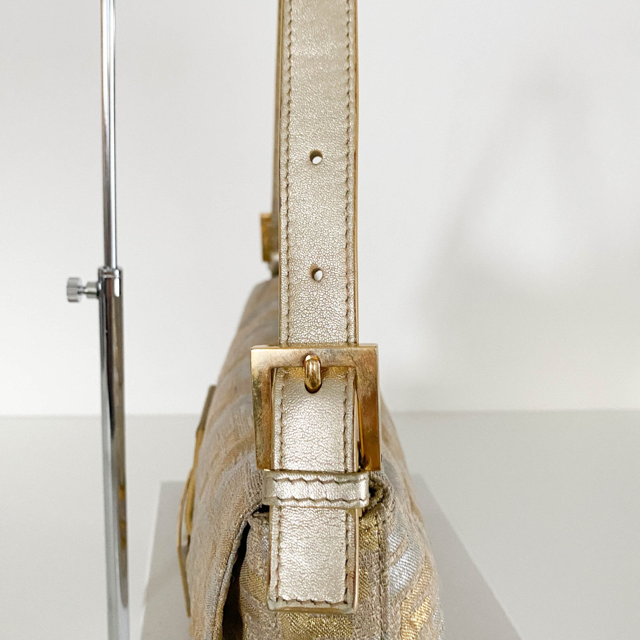 FENDI Baguette Silver / Gold Logo Embroidered Cotton Fabric, in , Sold by HIVE PRELOVED - Shoulder Bags, ,