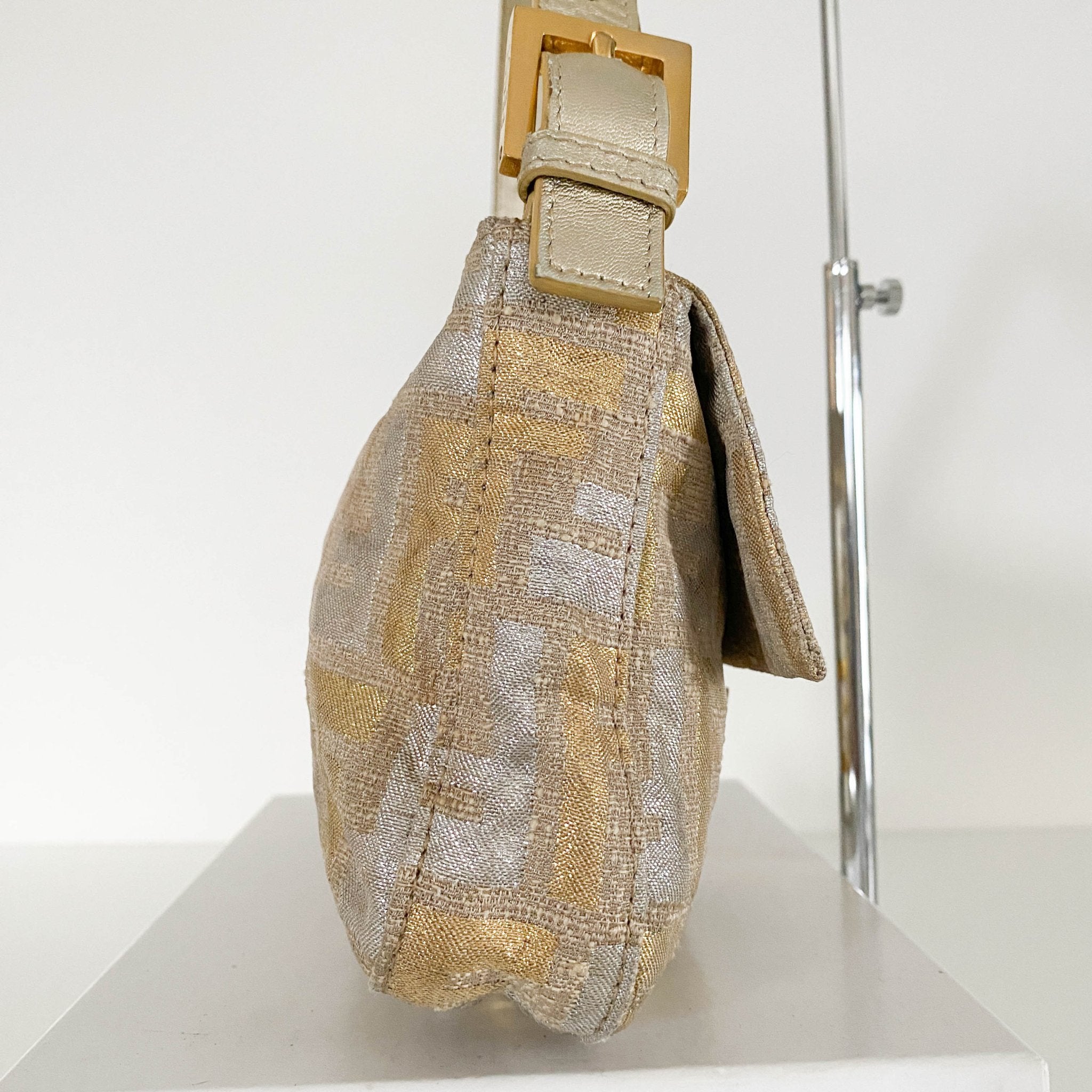 FENDI Baguette Silver / Gold Logo Embroidered Cotton Fabric, in , Sold by HIVE PRELOVED - Shoulder Bags, ,