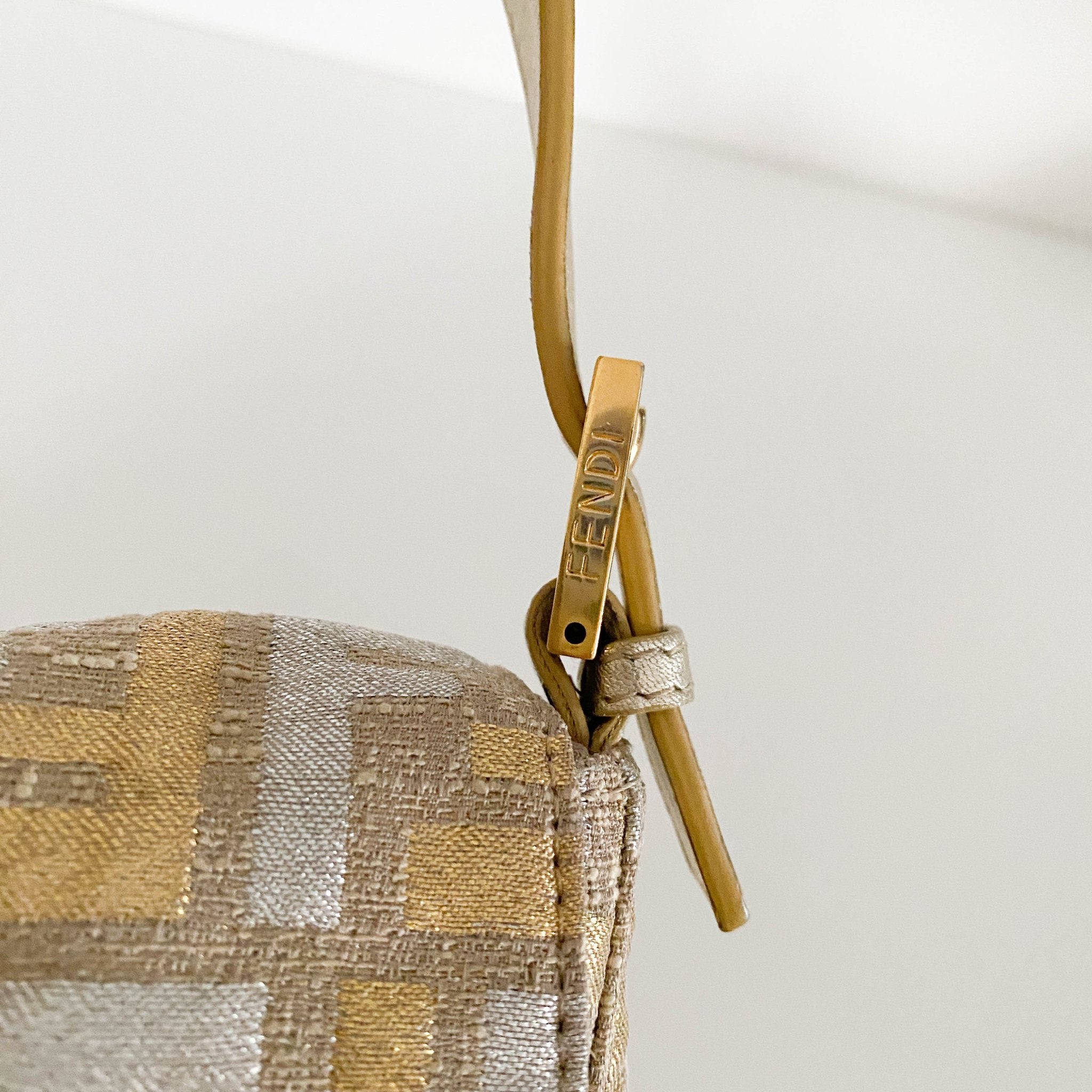 FENDI Baguette Silver / Gold Logo Embroidered Cotton Fabric, in , Sold by HIVE PRELOVED - Shoulder Bags, ,