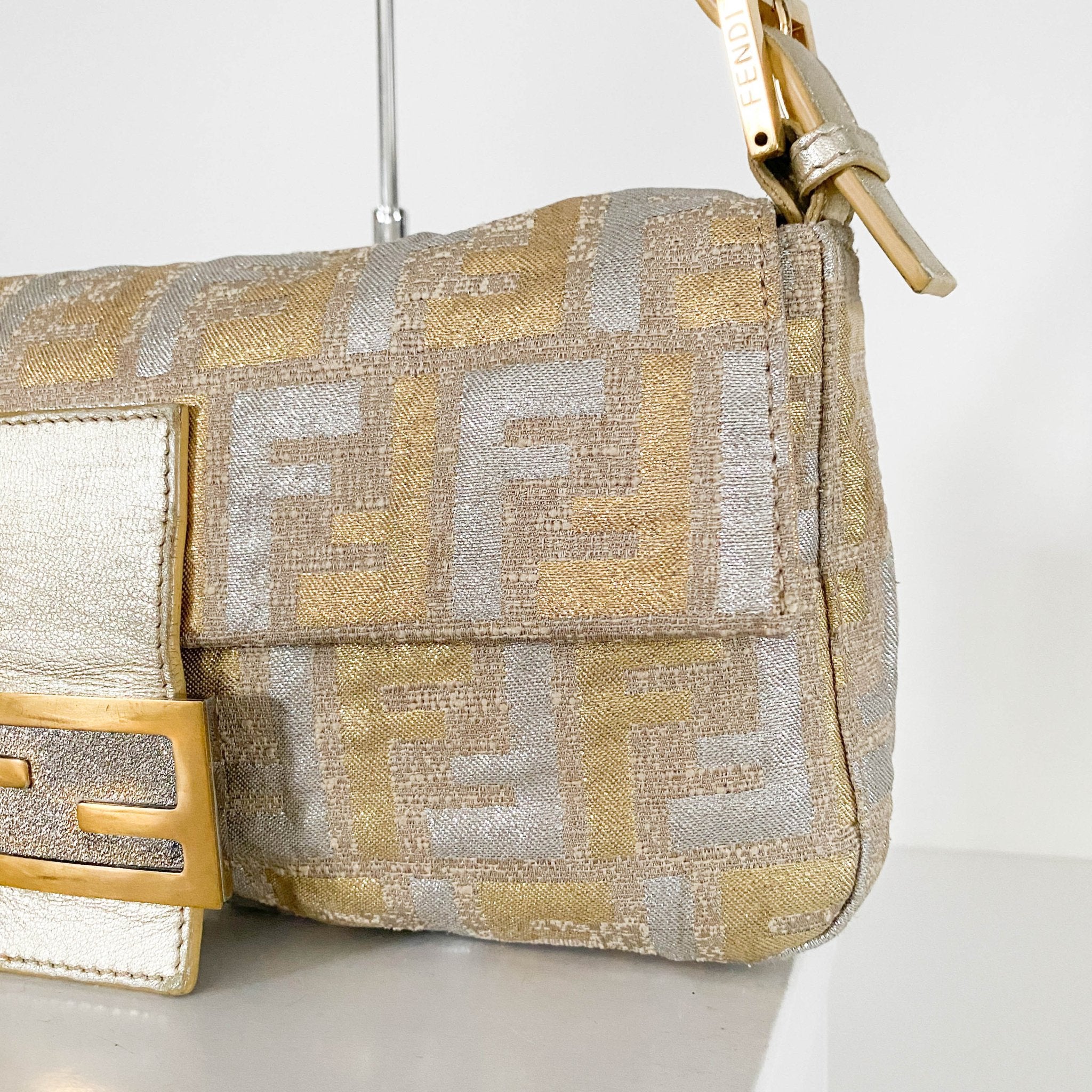 FENDI Baguette Silver / Gold Logo Embroidered Cotton Fabric, in , Sold by HIVE PRELOVED - Shoulder Bags, ,