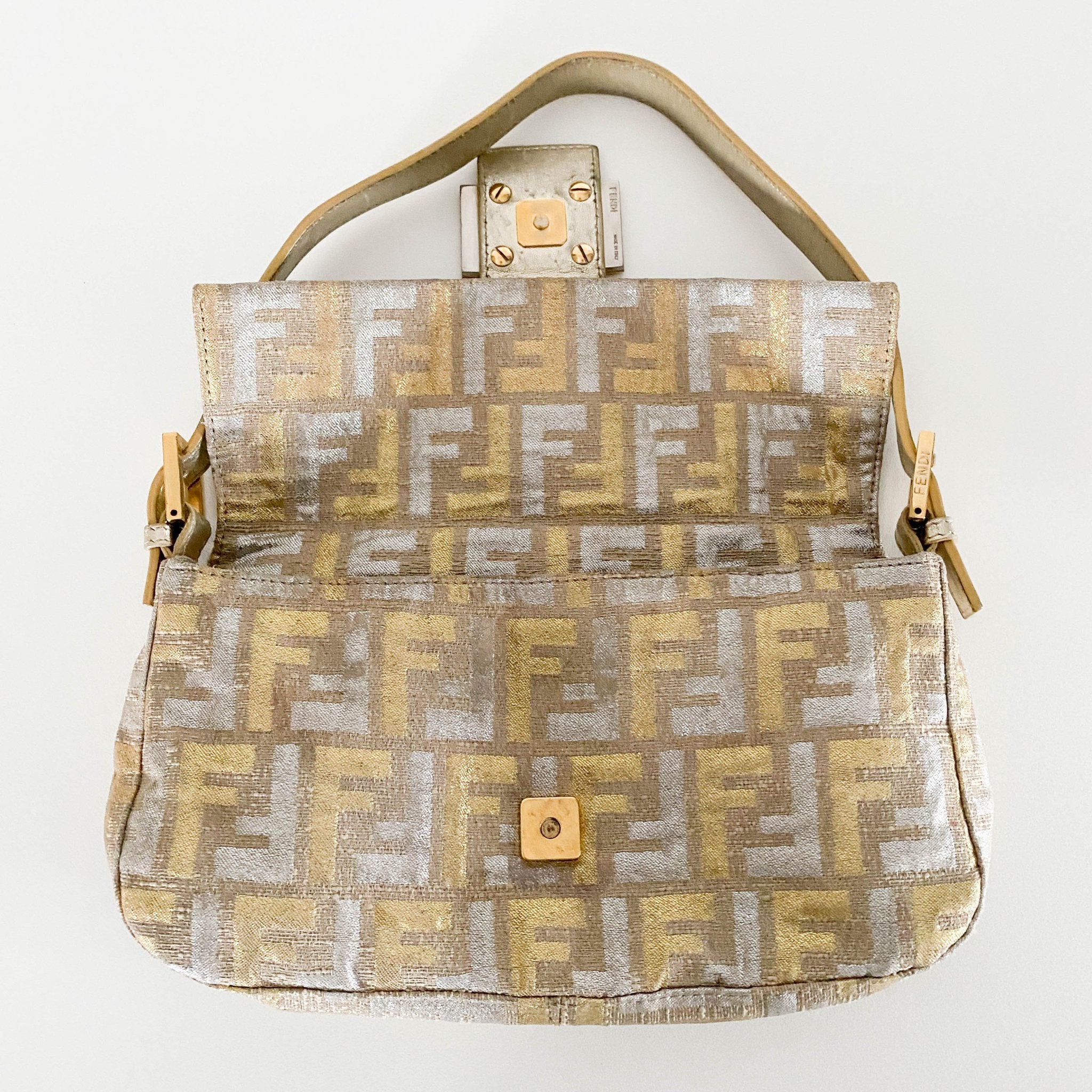 FENDI Baguette Silver / Gold Logo Embroidered Cotton Fabric, in , Sold by HIVE PRELOVED - Shoulder Bags, ,