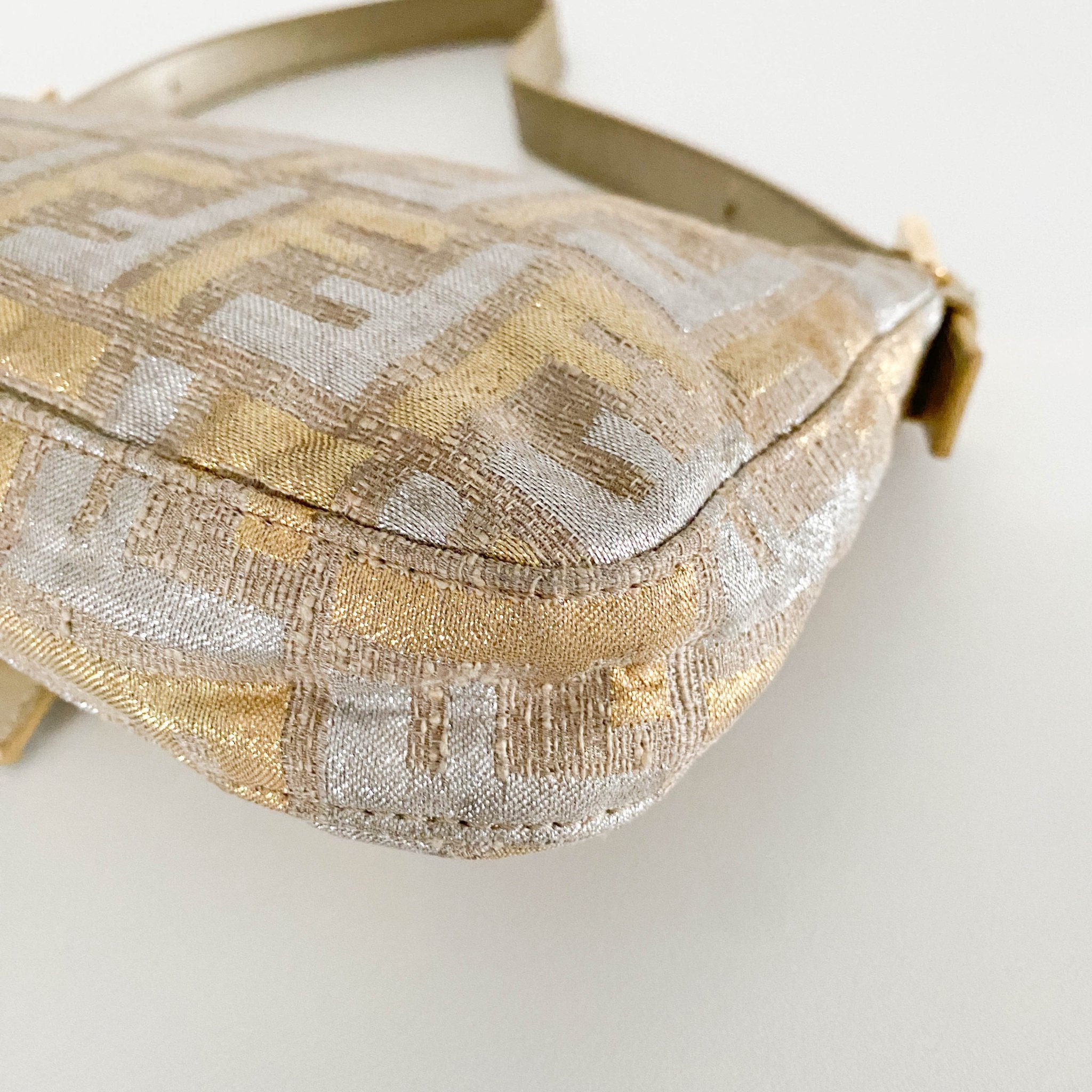 FENDI Baguette Silver / Gold Logo Embroidered Cotton Fabric, in , Sold by HIVE PRELOVED - Shoulder Bags, ,