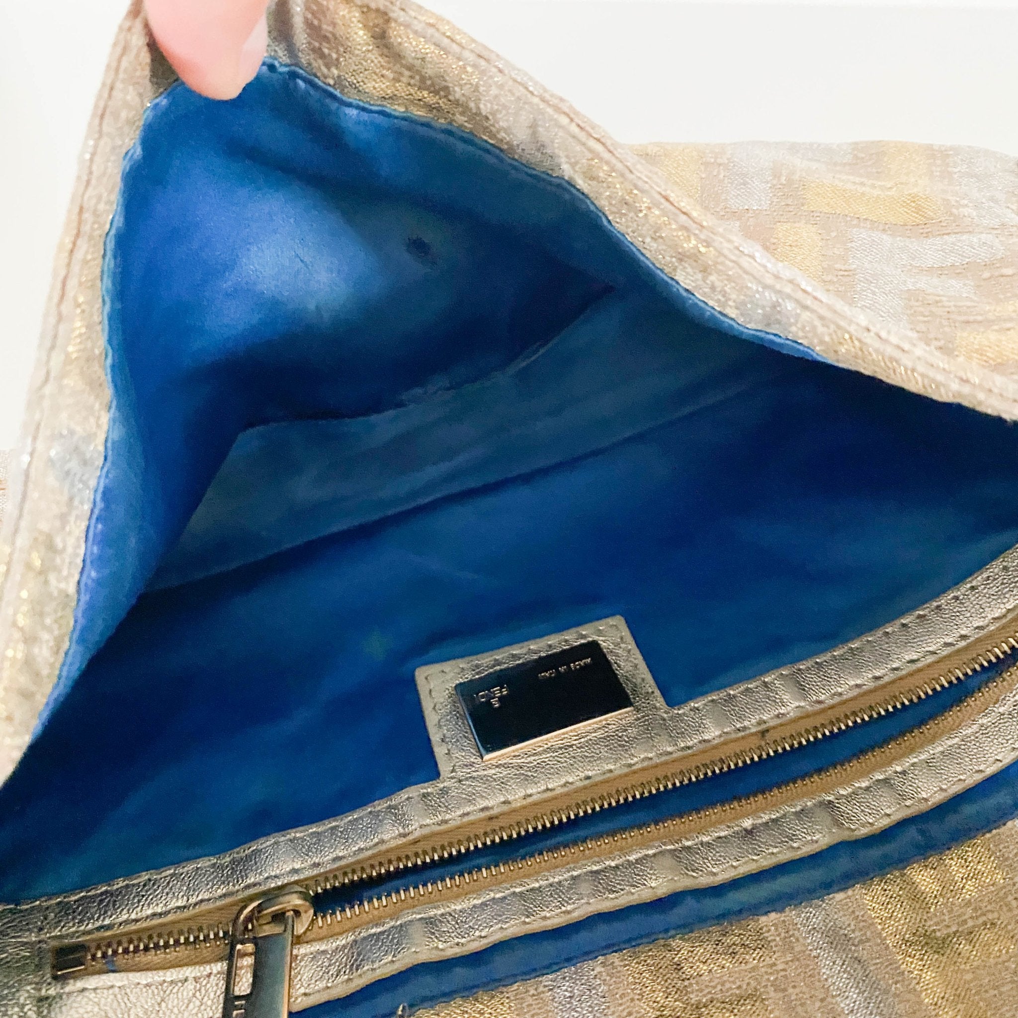 FENDI Baguette Silver / Gold Logo Embroidered Cotton Fabric, in , Sold by HIVE PRELOVED - Shoulder Bags, ,