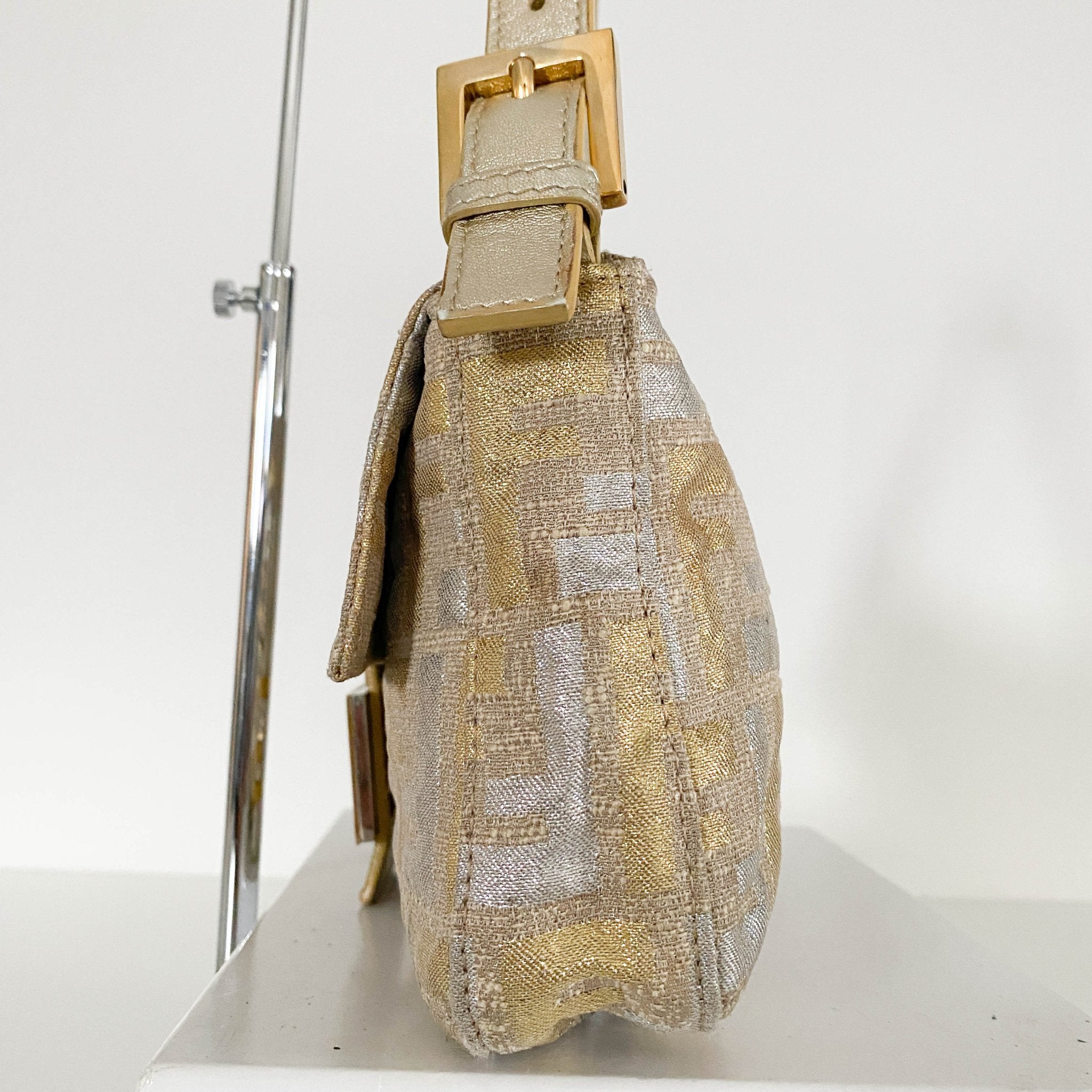 FENDI Baguette Silver / Gold Logo Embroidered Cotton Fabric, in , Sold by HIVE PRELOVED - Shoulder Bags, ,