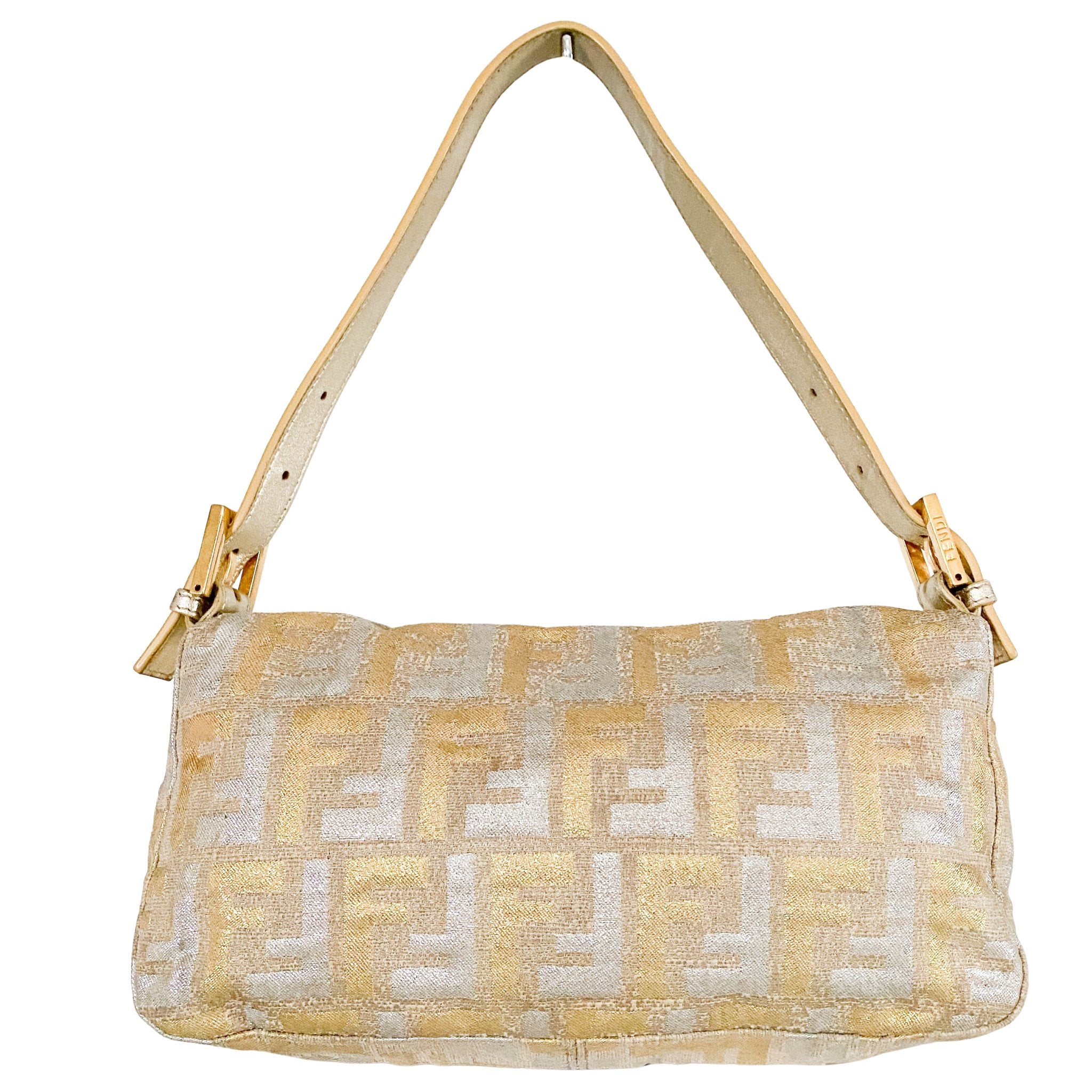 FENDI Baguette Silver / Gold Logo Embroidered Cotton Fabric, in , Sold by HIVE PRELOVED - Shoulder Bags, ,