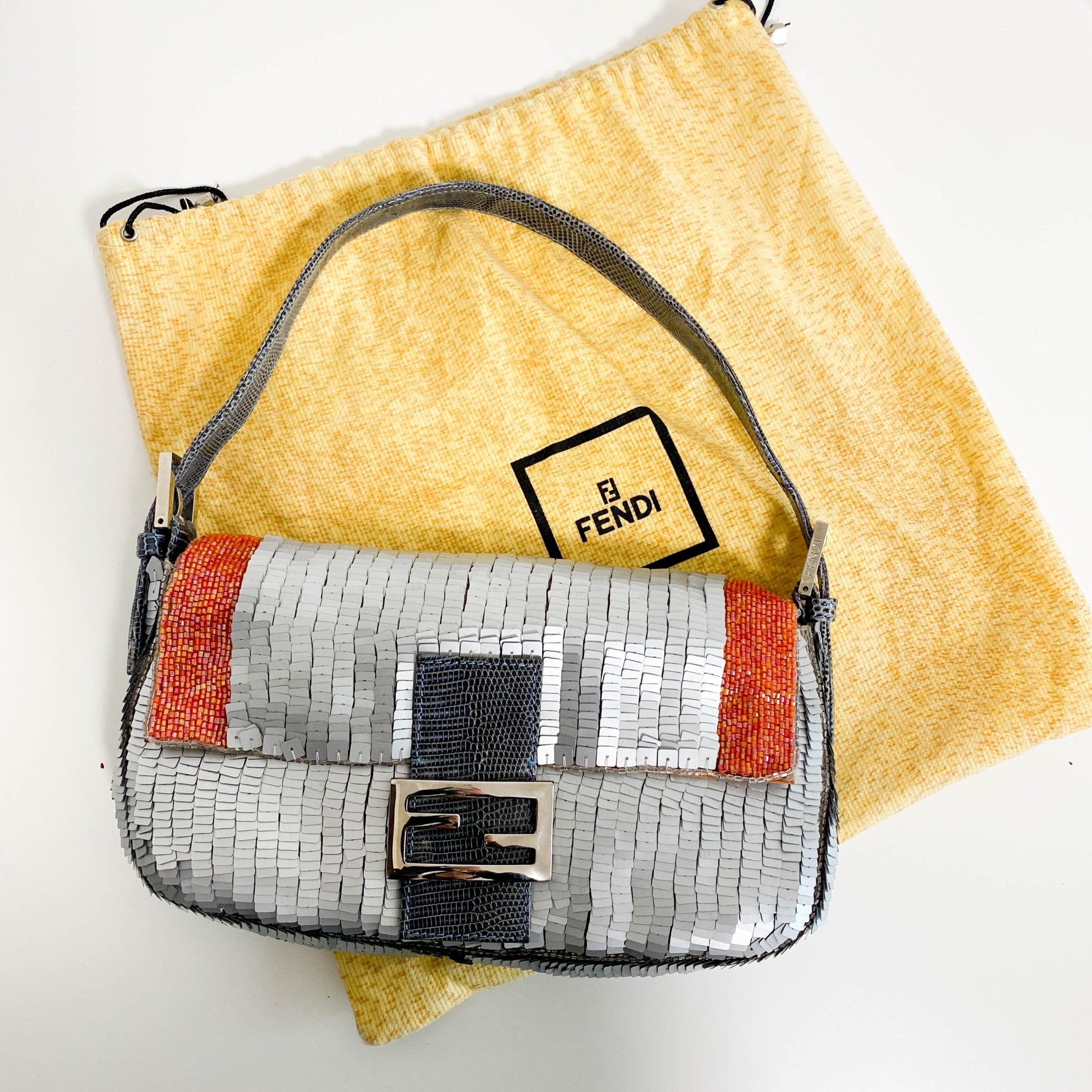 FENDI Baguette Silver Sequin and Orange Beaded Shoulder Bag, in , Sold by HIVE PRELOVED - Shoulder Bags, ,