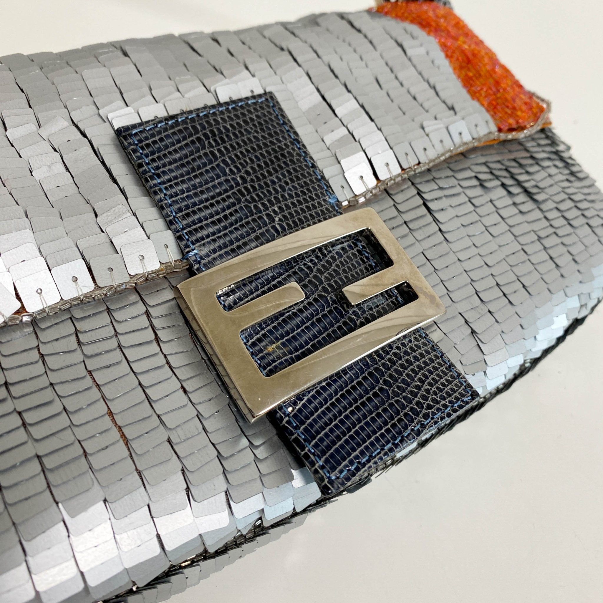 FENDI Baguette Silver Sequin and Orange Beaded Shoulder Bag, in , Sold by HIVE PRELOVED - Shoulder Bags, ,