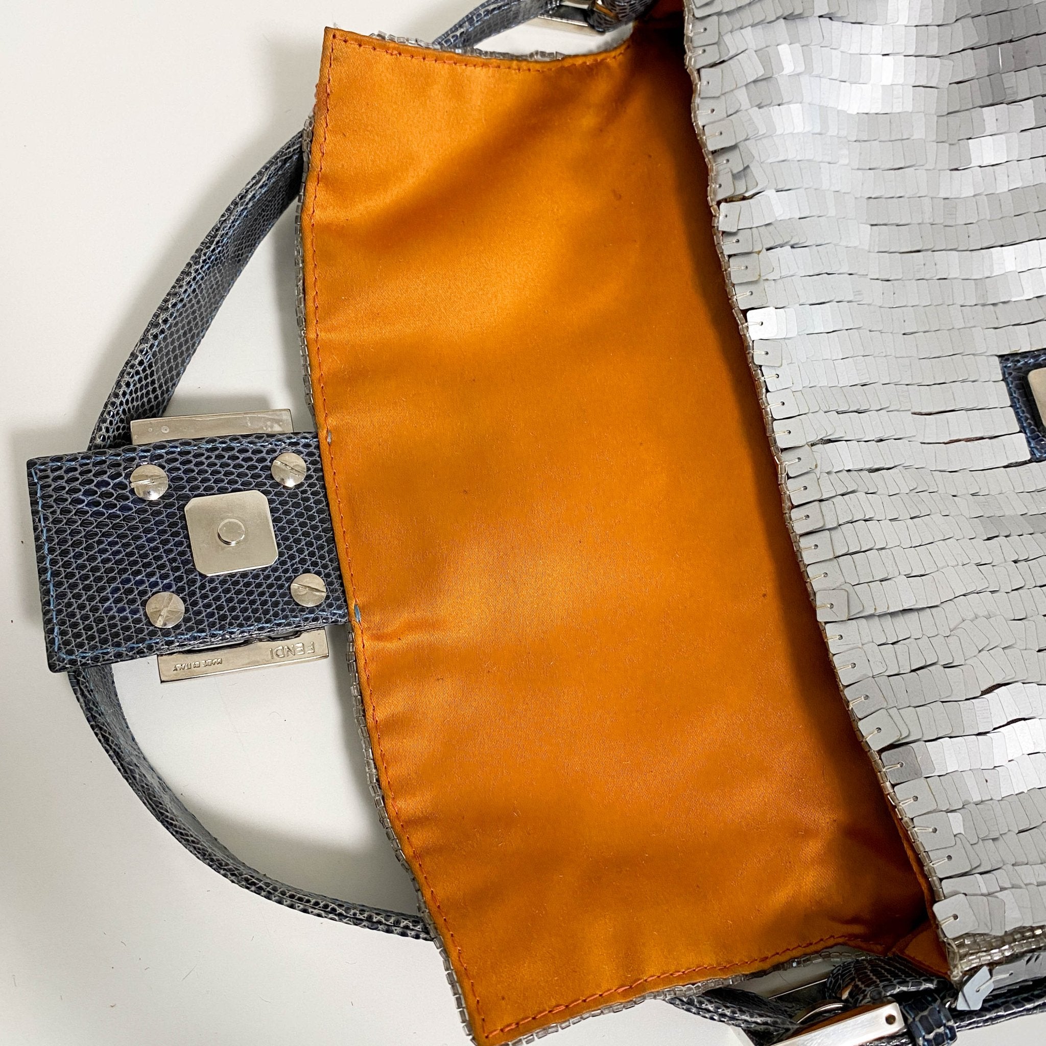 FENDI Baguette Silver Sequin and Orange Beaded Shoulder Bag, in , Sold by HIVE PRELOVED - Shoulder Bags, ,