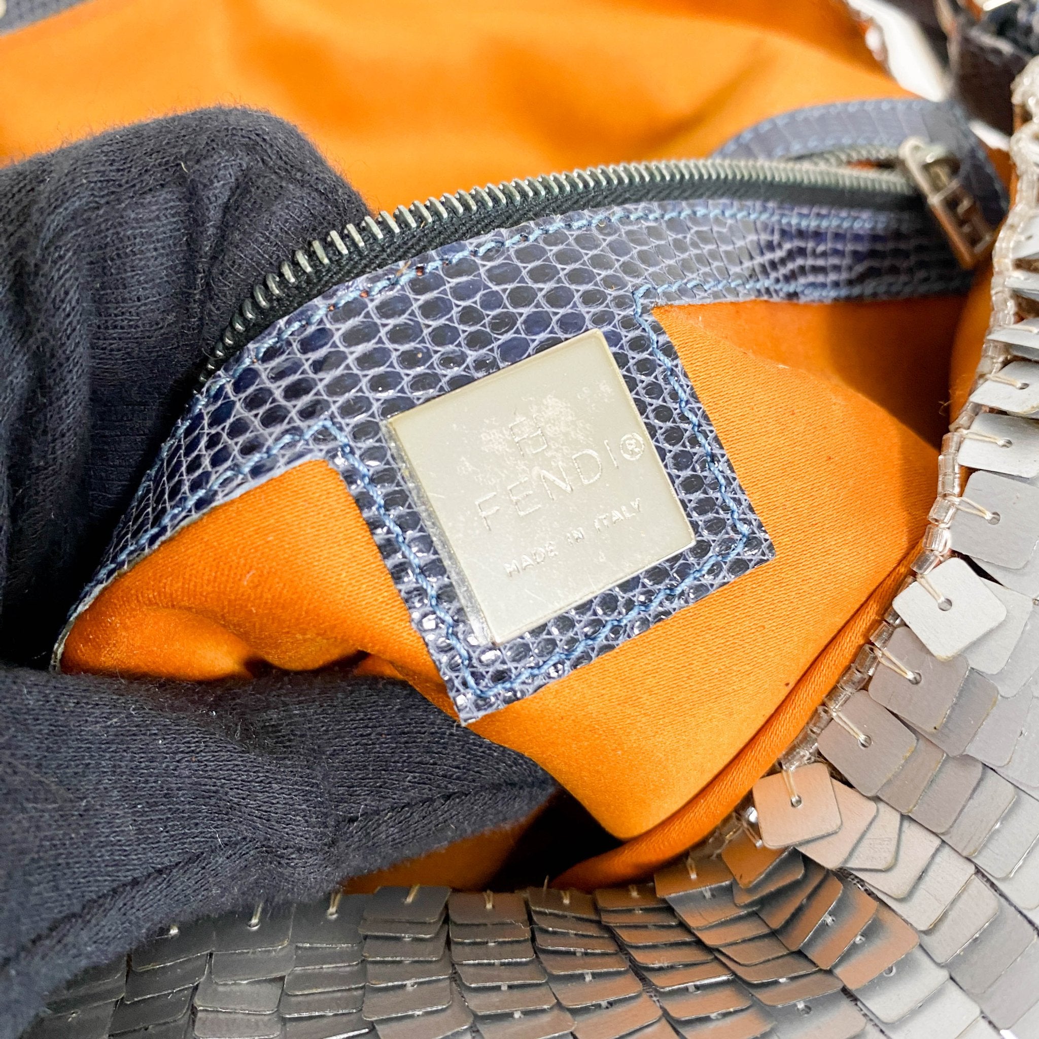 FENDI Baguette Silver Sequin and Orange Beaded Shoulder Bag, in , Sold by HIVE PRELOVED - Shoulder Bags, ,